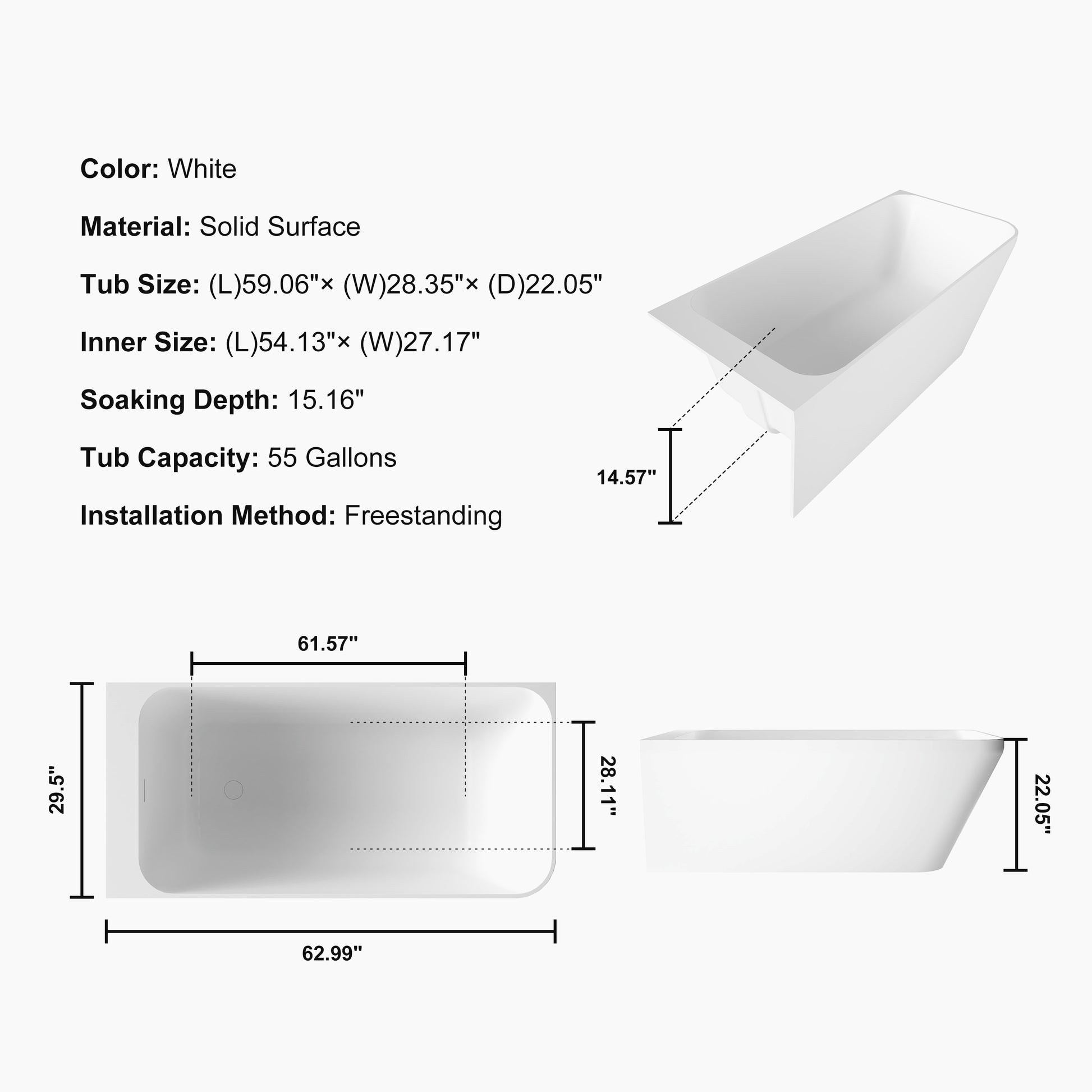 59" Alcove Solid Surface Soaking Bathtub with Left Overflow and Drain