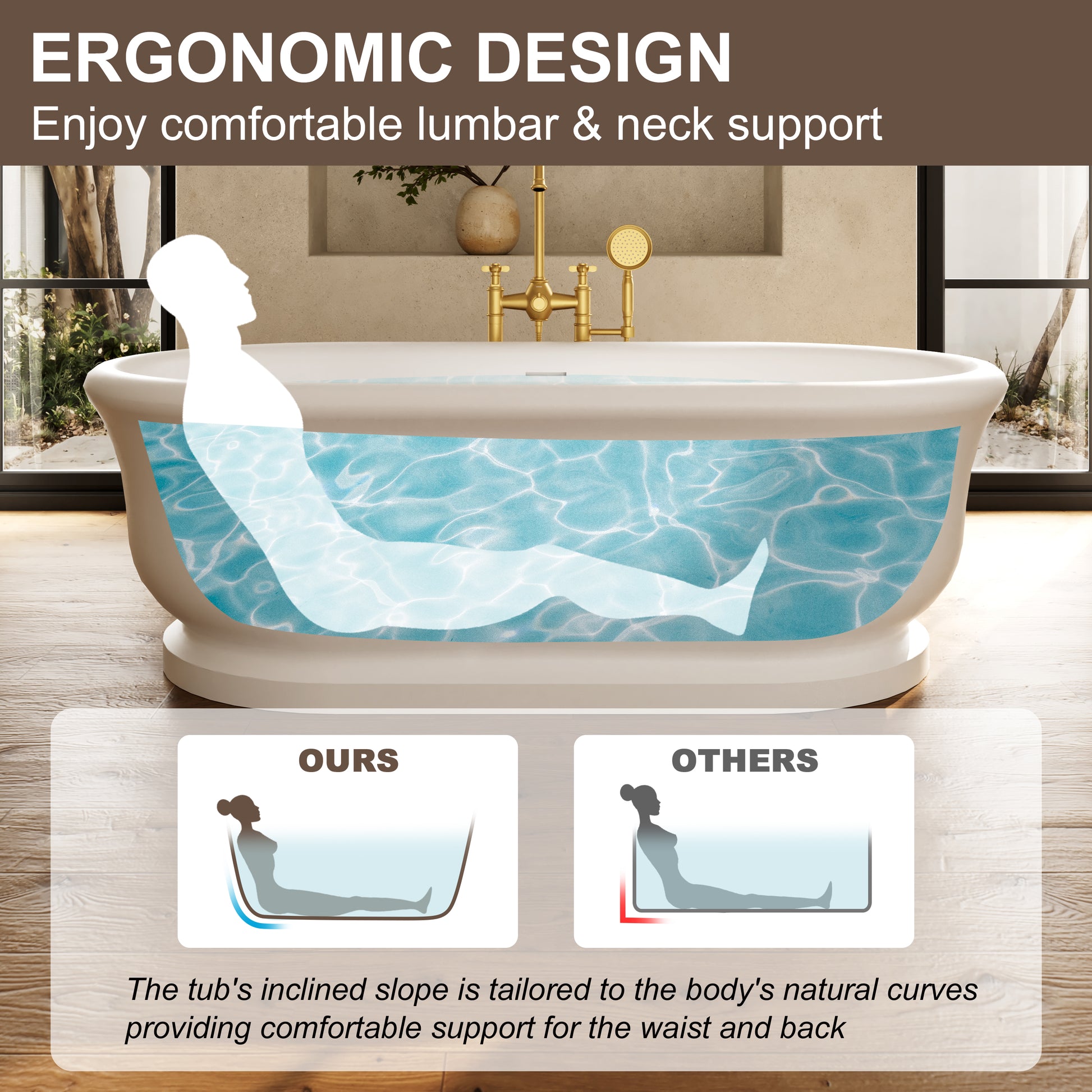 67" Rolled-Edge Solid Surface Freestanding Bathtub with Pedestal Base