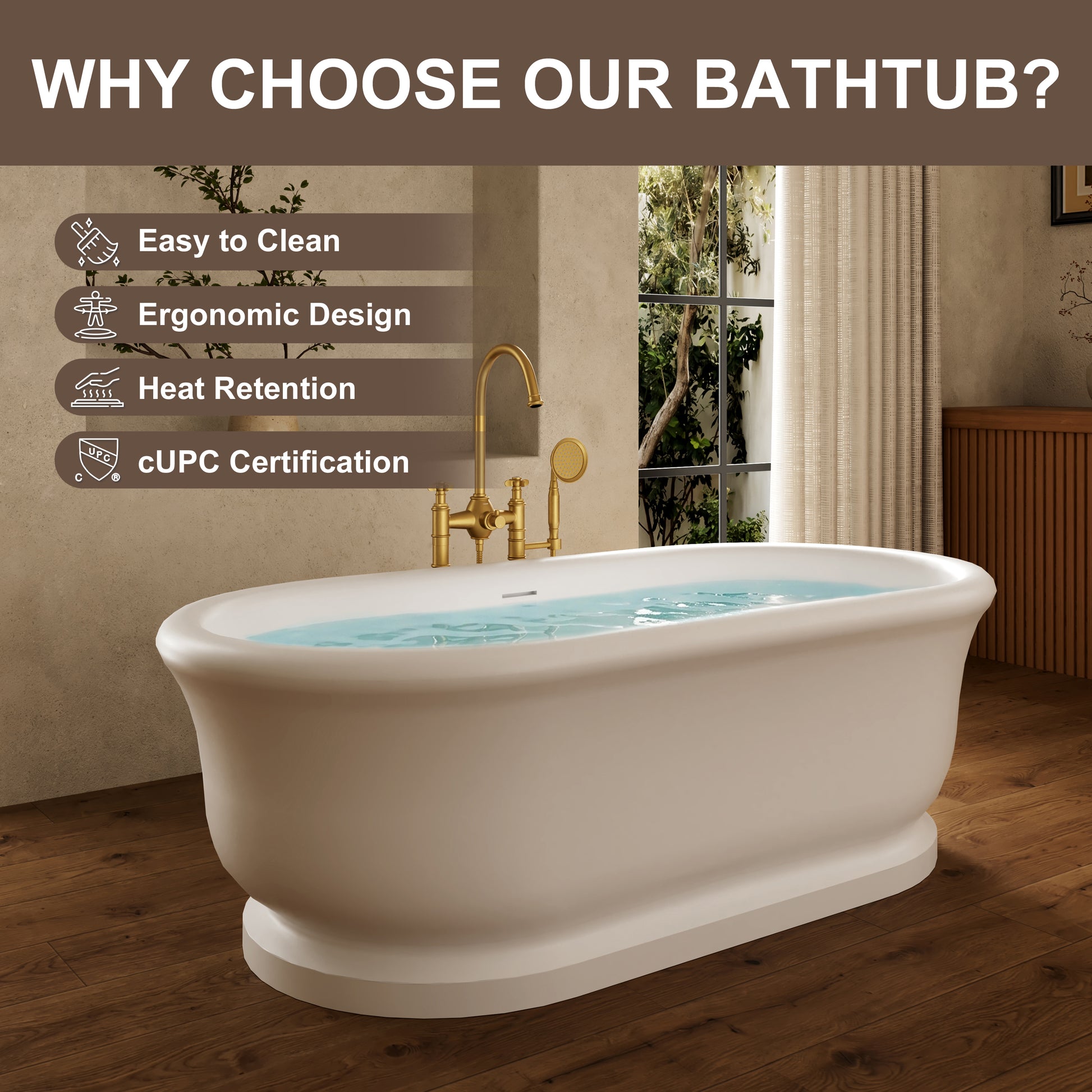 67" Rolled-Edge Solid Surface Freestanding Bathtub with Pedestal Base
