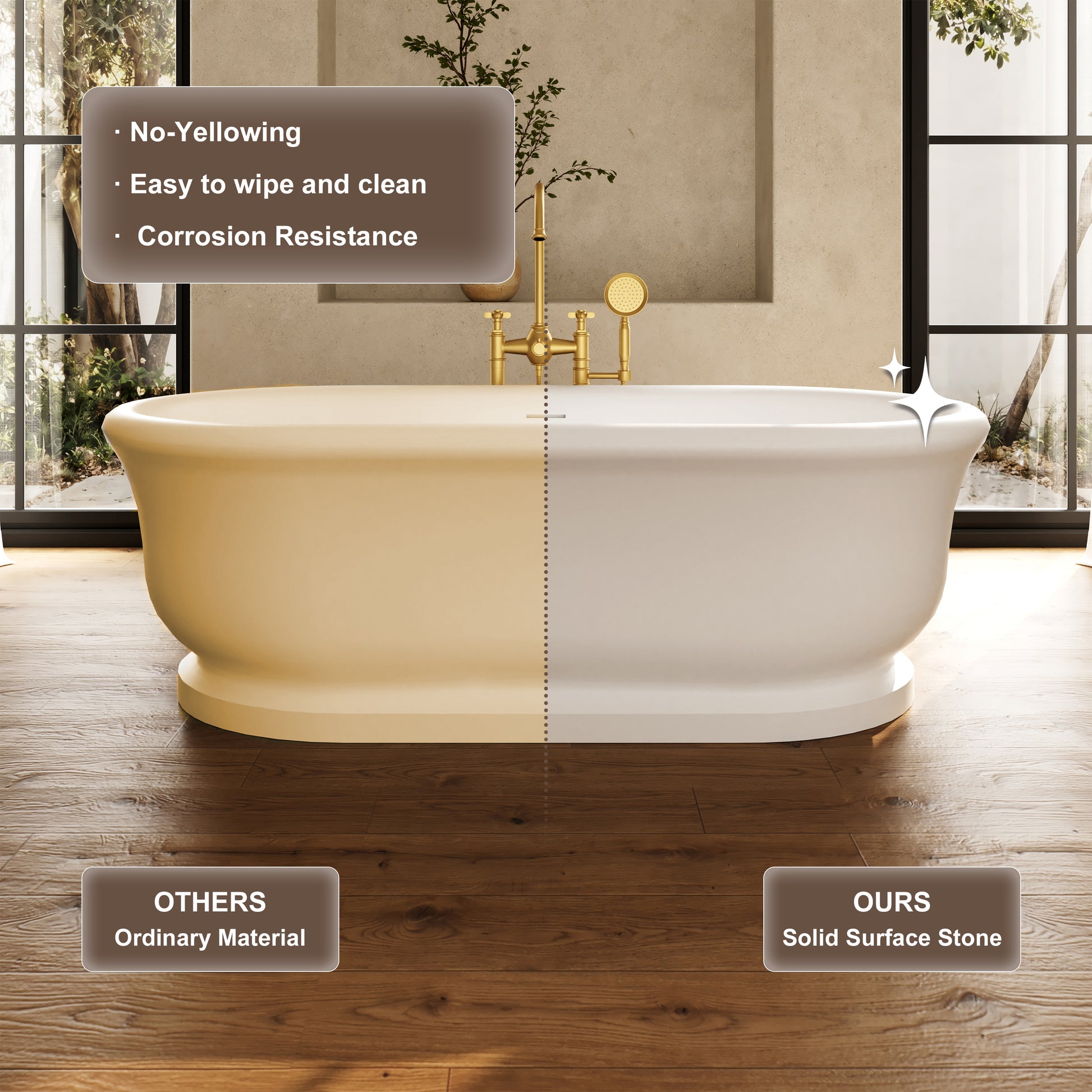 67" Rolled-Edge Solid Surface Freestanding Bathtub with Pedestal Base