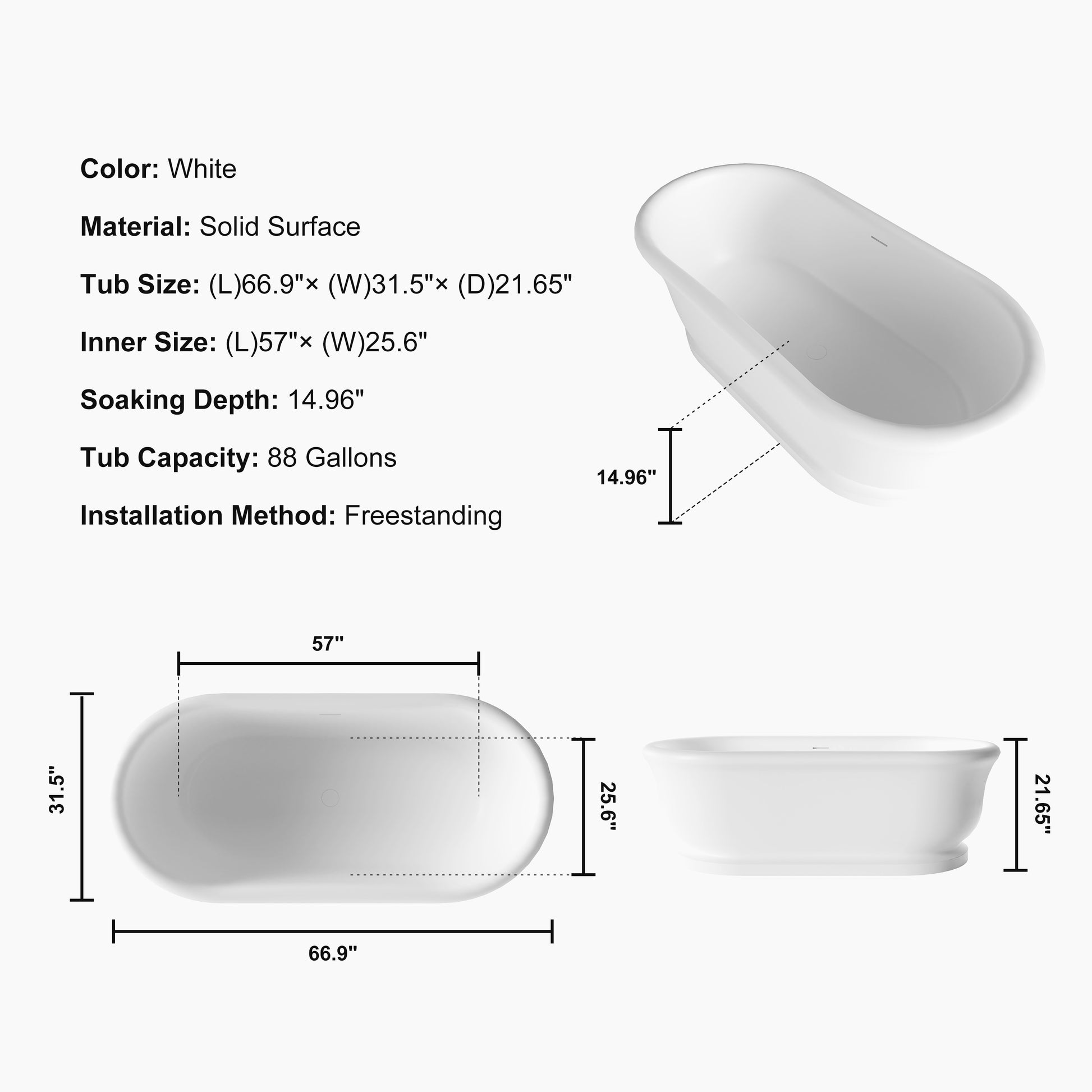 67" Rolled-Edge Solid Surface Freestanding Bathtub with Pedestal Base