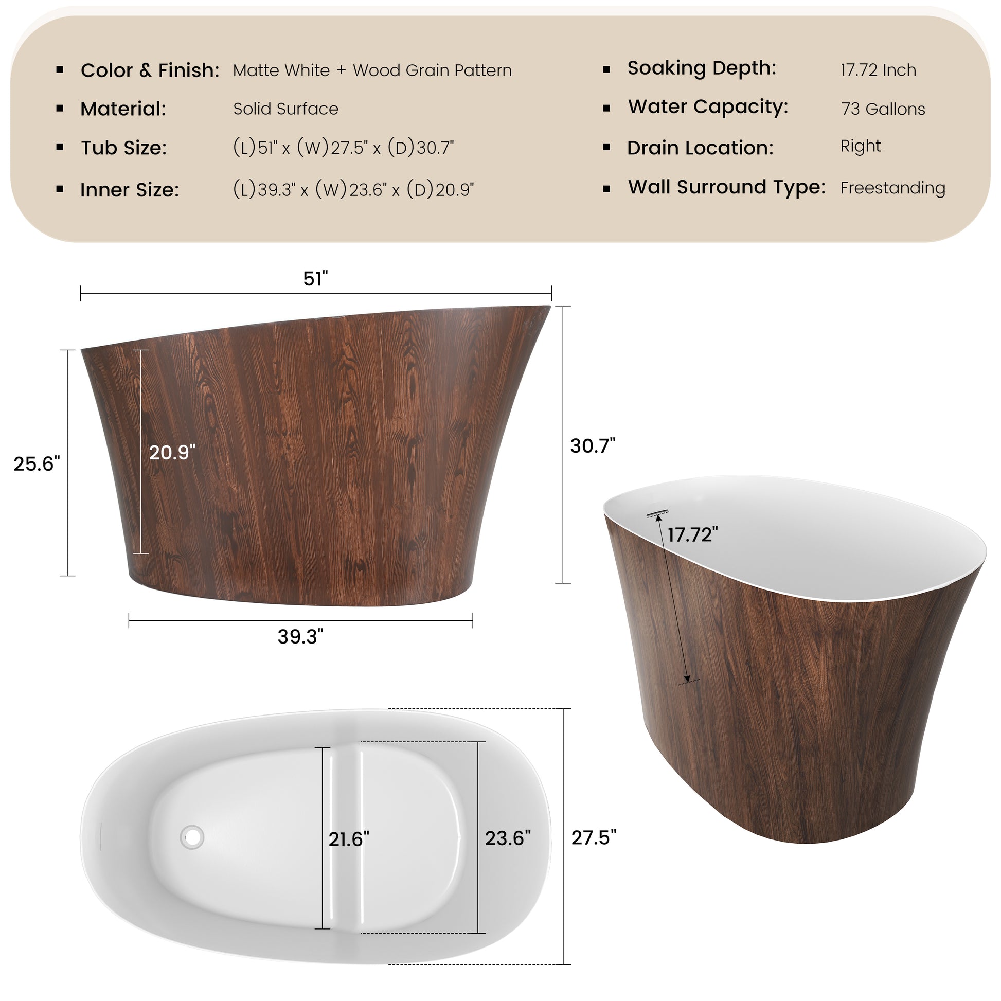 51" Freestanding Solid Surface Soaking Tub with Built-In Seat in Wood Grain & Marble Finish