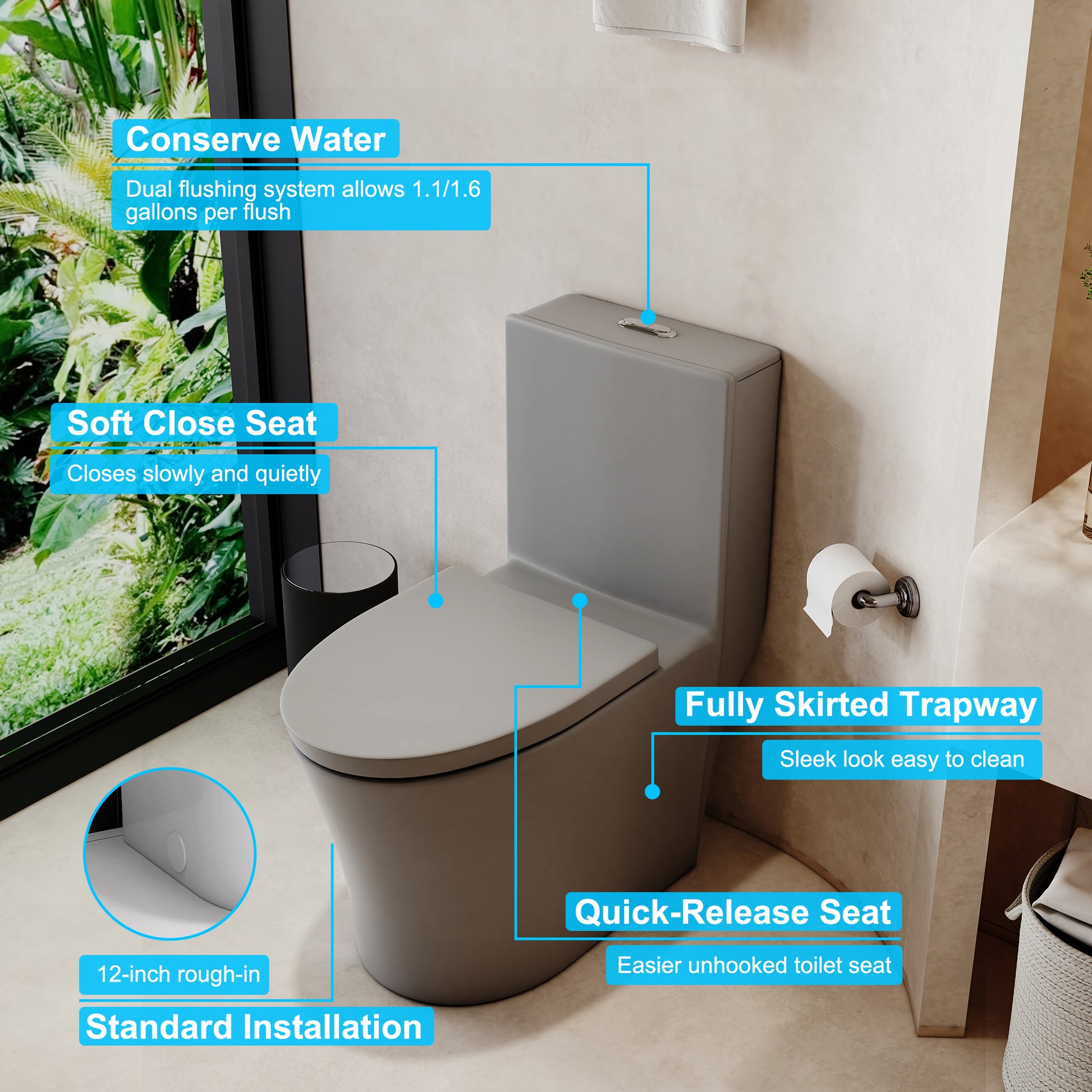 Elongated One Piece Toilet Dual Flush 1.1/1.6 GPF Water-Saving Design