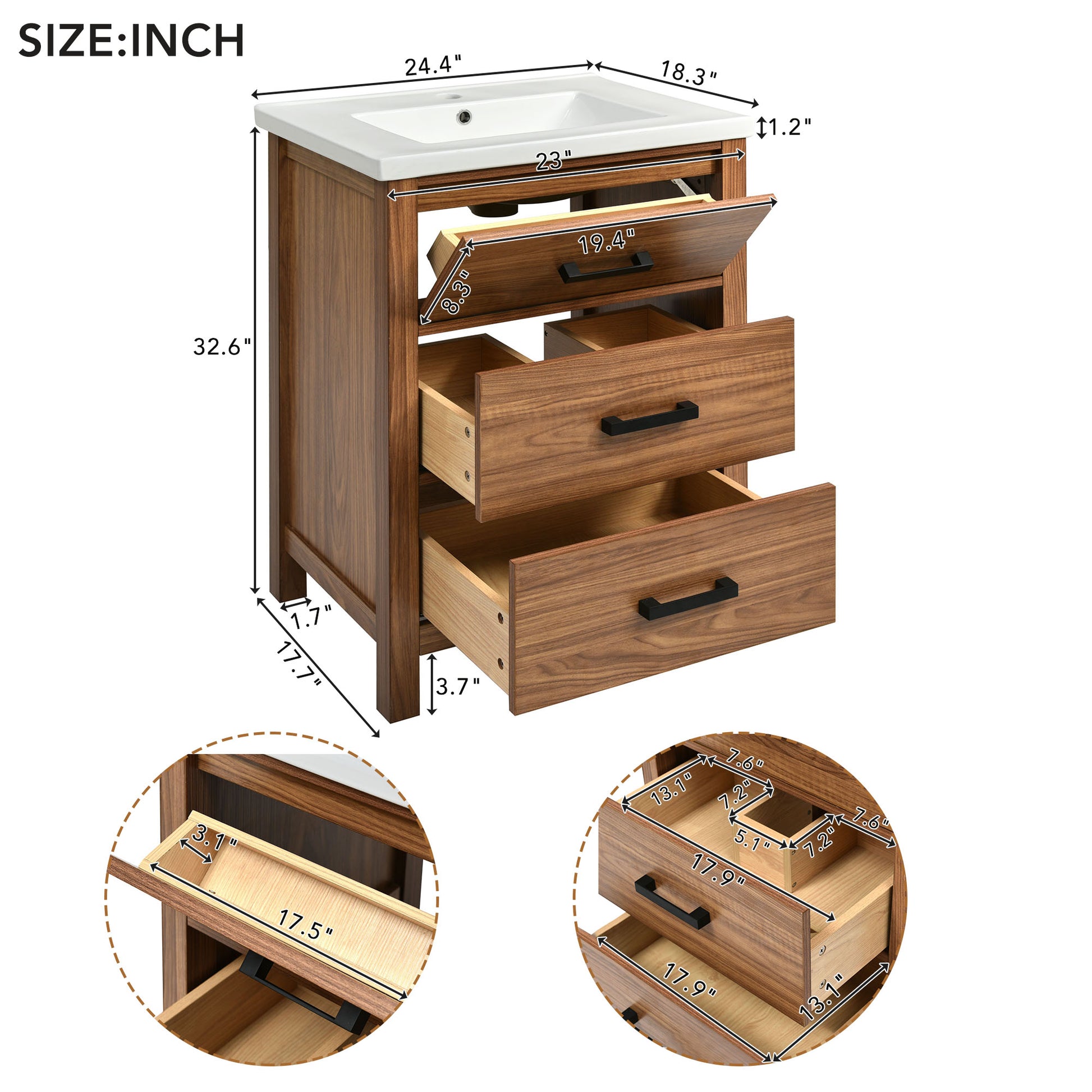 24'' Freestanding Bathroom Vanity with Ceramic Basin Sink and 3 Drawers