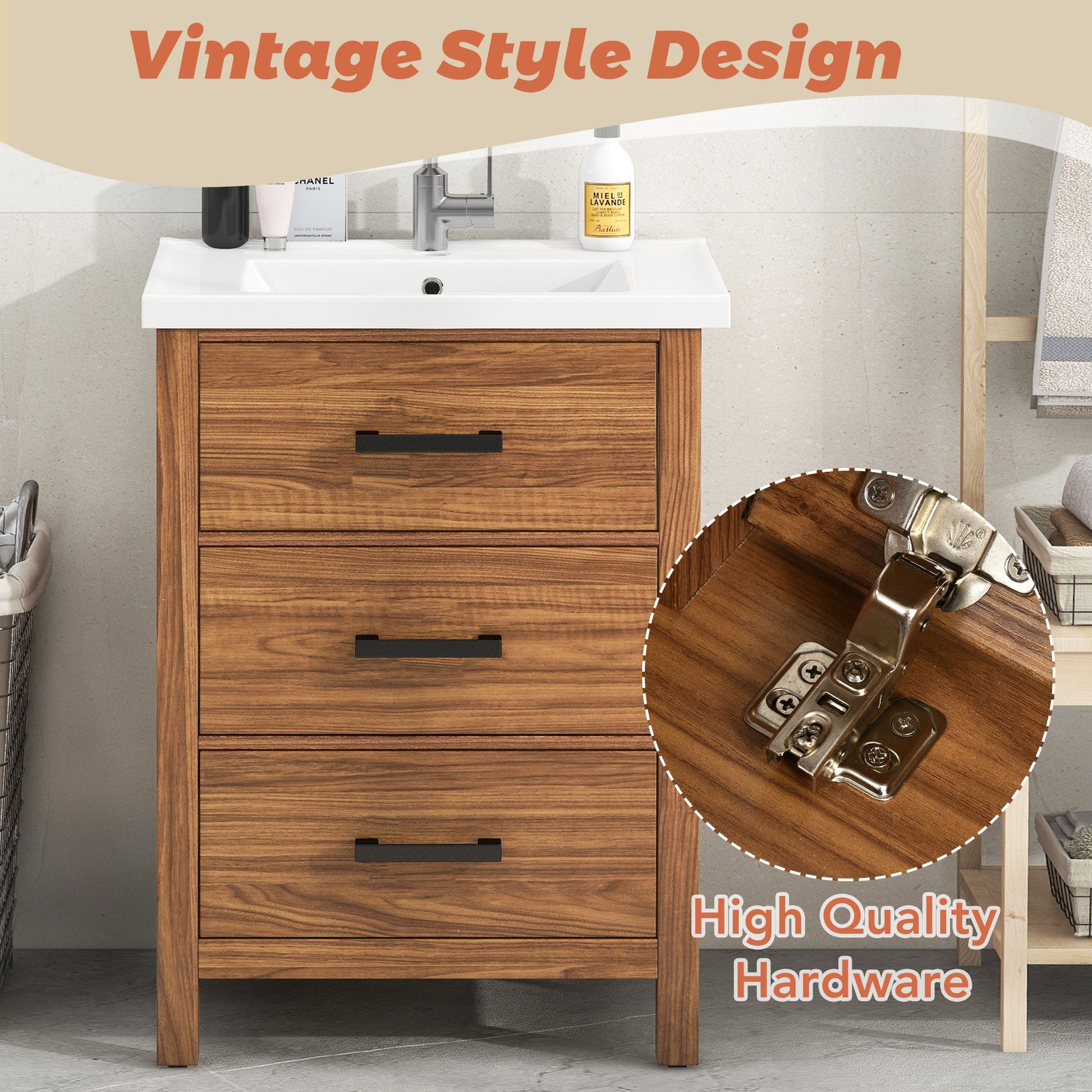 24'' Freestanding Bathroom Vanity with Ceramic Basin Sink and 3 Drawers
