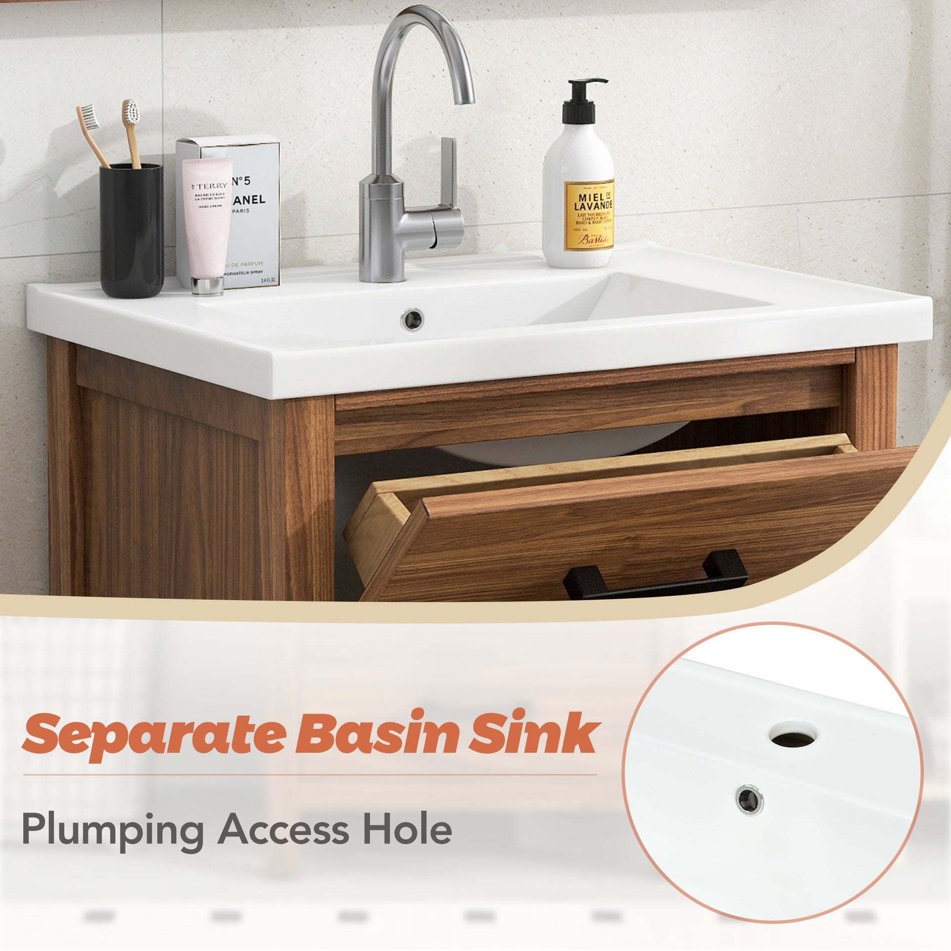 24'' Freestanding Bathroom Vanity with Ceramic Basin Sink and 3 Drawers