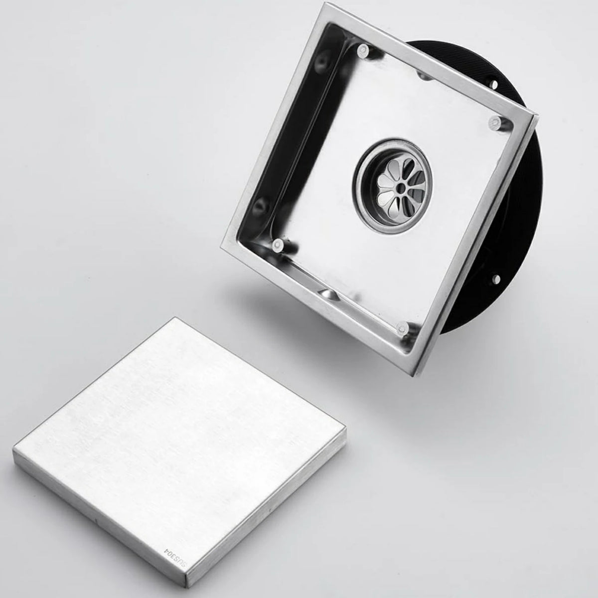 6 Inch Square Stainless Steel Shower Drain with Reversible Tile Insert Cover