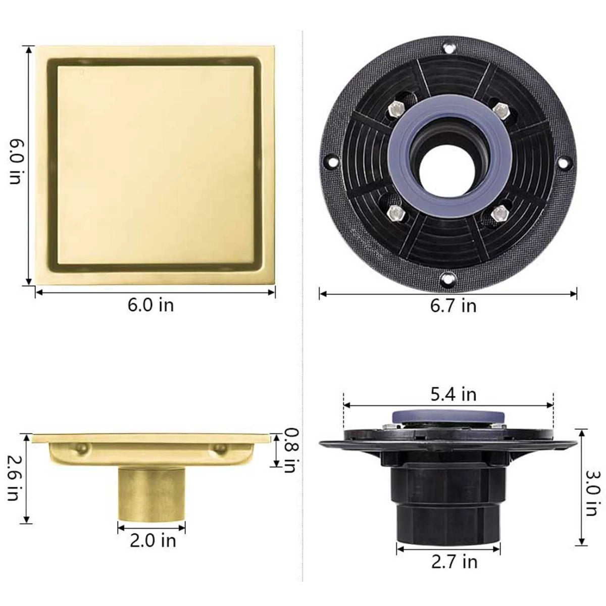 6 Inch Square Stainless Steel Shower Drain with Reversible Tile Insert Cover