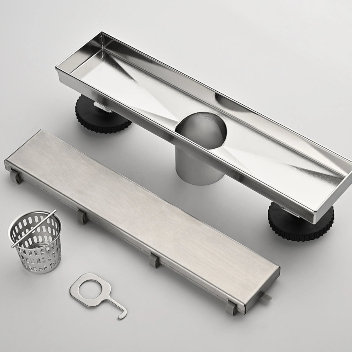 Linear Shower Drain with Reversible Tile Insert Cover Hair Strainer and Leveling Feet