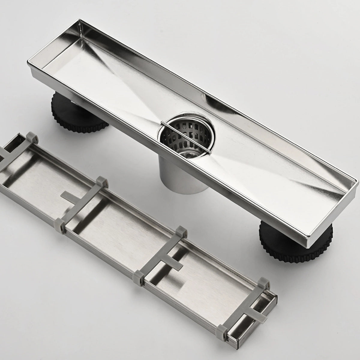Linear Shower Drain with Reversible Tile Insert Cover Hair Strainer and Leveling Feet