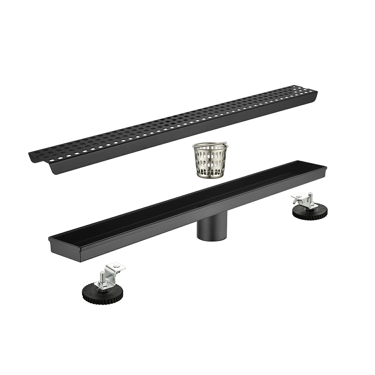 Linear Shower Drain with Removable Patterned Grate Cover Hair Strainer and Leveling Feet