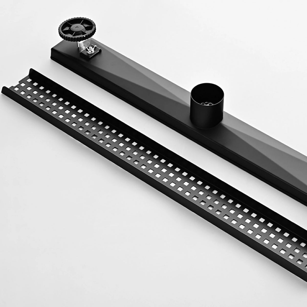 Linear Shower Drain with Removable Patterned Grate Cover Hair Strainer and Leveling Feet