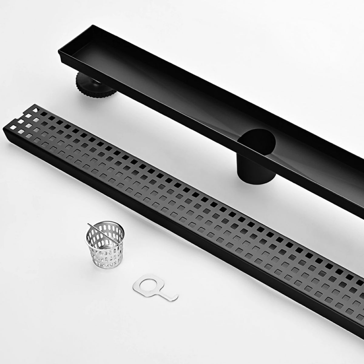 Linear Shower Drain with Removable Patterned Grate Cover Hair Strainer and Leveling Feet