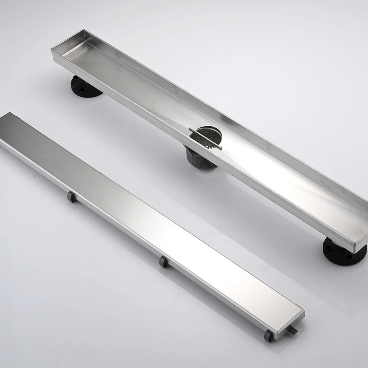 Linear Shower Drain with Reversible Tile Insert Cover Hair Strainer and Leveling Feet