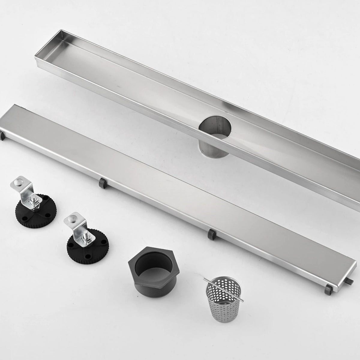Linear Shower Drain with Reversible Tile Insert Cover Hair Strainer and Leveling Feet