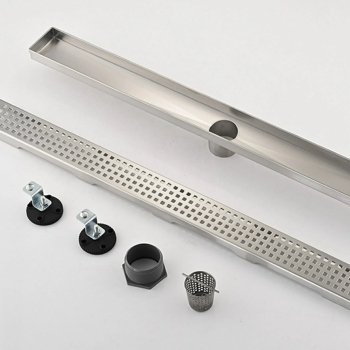 Linear Shower Drain with Removable Patterned Grate Cover Hair Strainer and Leveling Feet