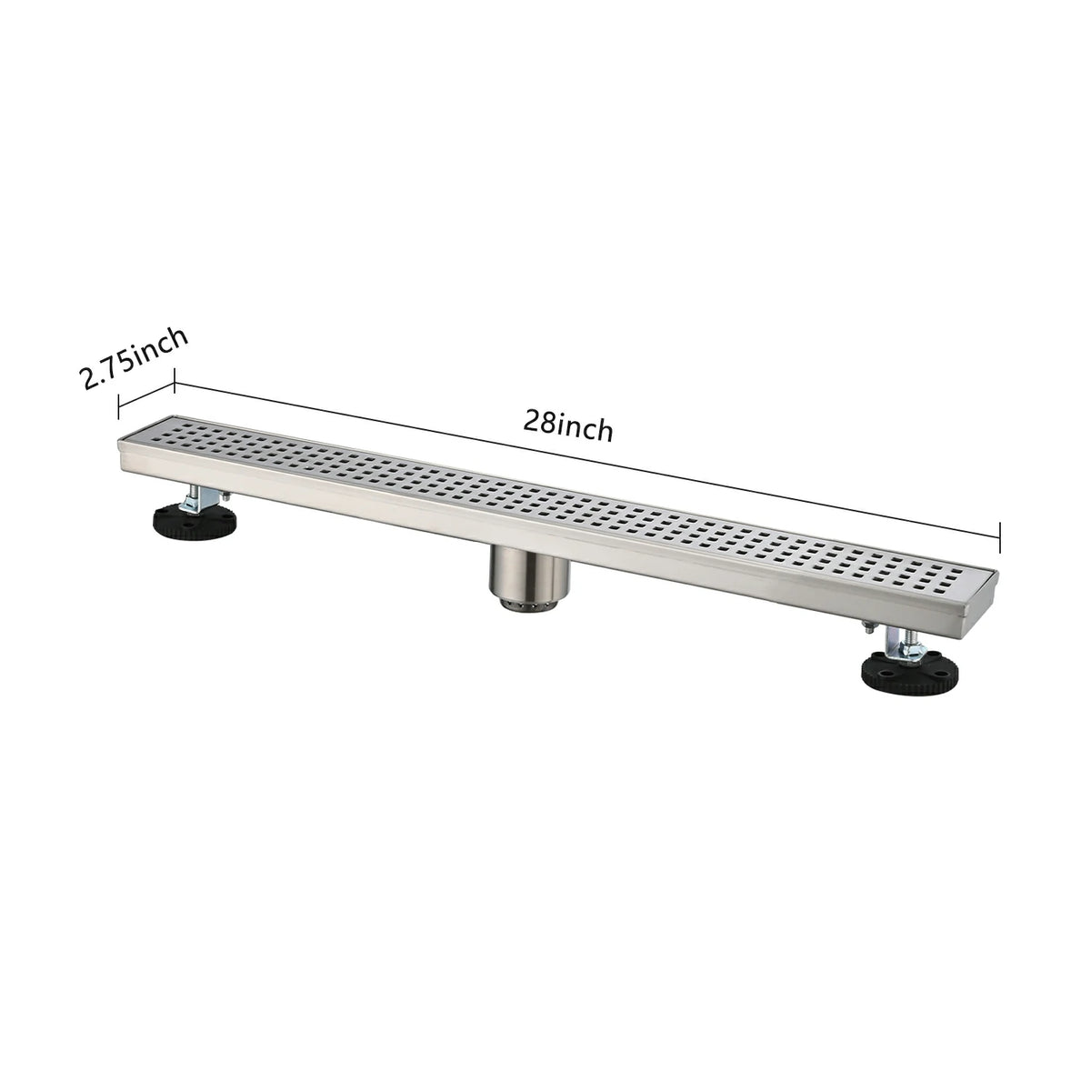 Linear Shower Drain with Removable Patterned Grate Cover Hair Strainer and Leveling Feet
