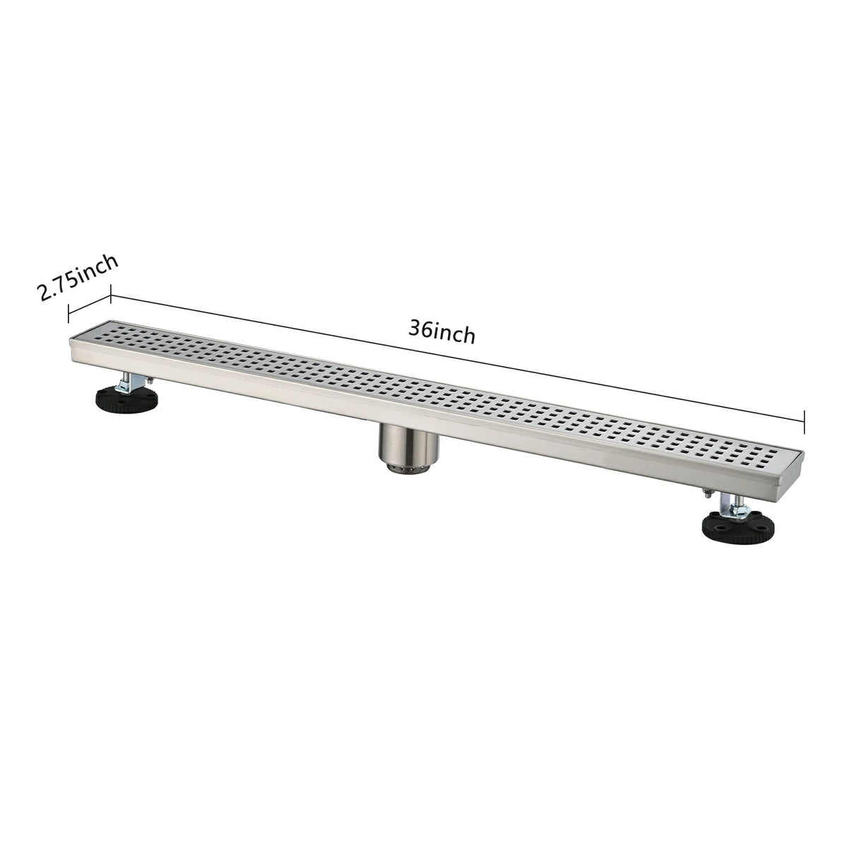 Linear Shower Drain with Removable Patterned Grate Cover Hair Strainer and Leveling Feet