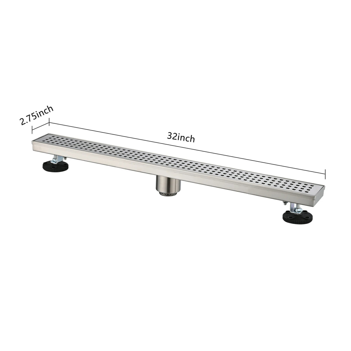 Linear Shower Drain with Removable Patterned Grate Cover Hair Strainer and Leveling Feet