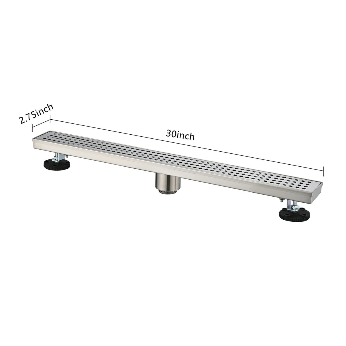 Linear Shower Drain with Removable Patterned Grate Cover Hair Strainer and Leveling Feet