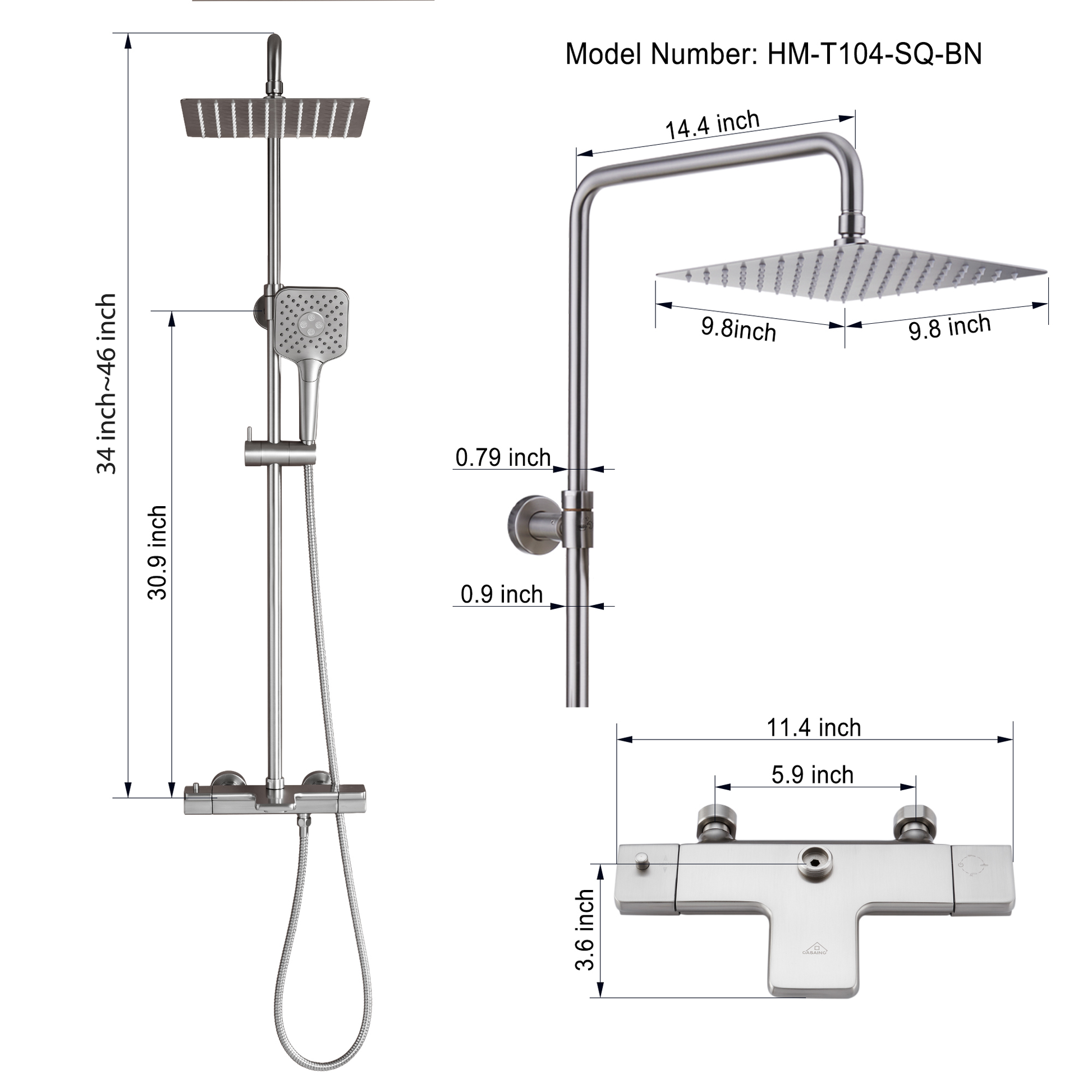 9.8" Thermostatic Rain Shower Faucet with Tub Spout in Brushed Nickel
