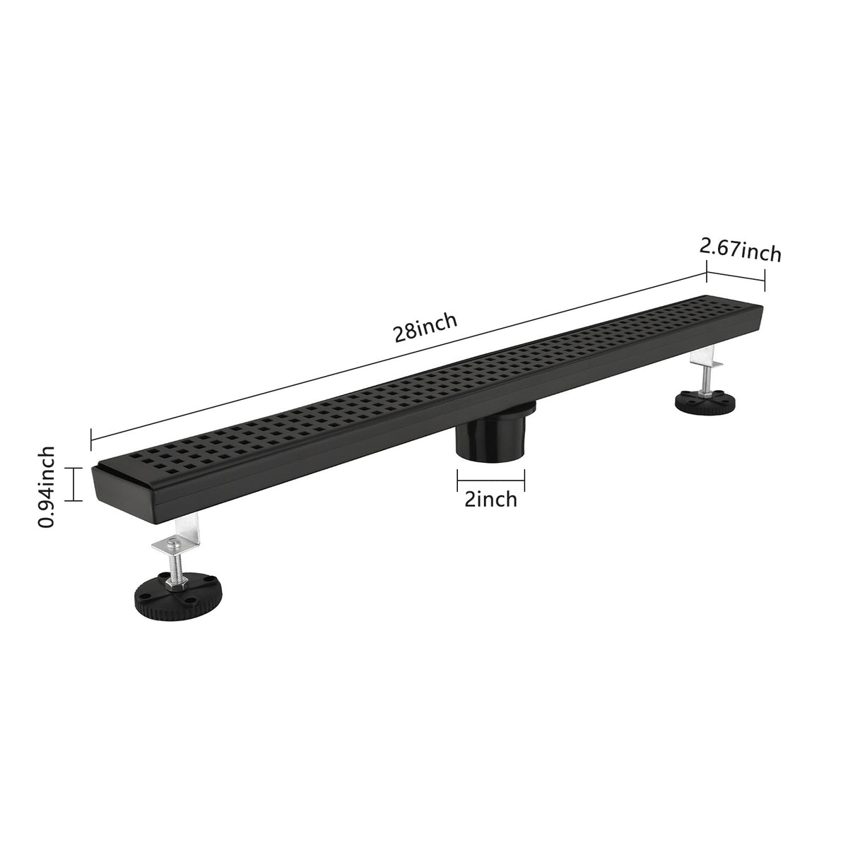 Linear Shower Drain with Removable Patterned Grate Cover Hair Strainer and Leveling Feet