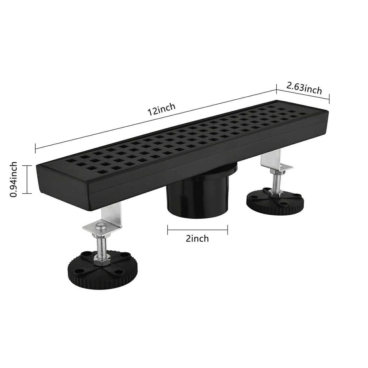 Linear Shower Drain with Removable Patterned Grate Cover Hair Strainer and Leveling Feet