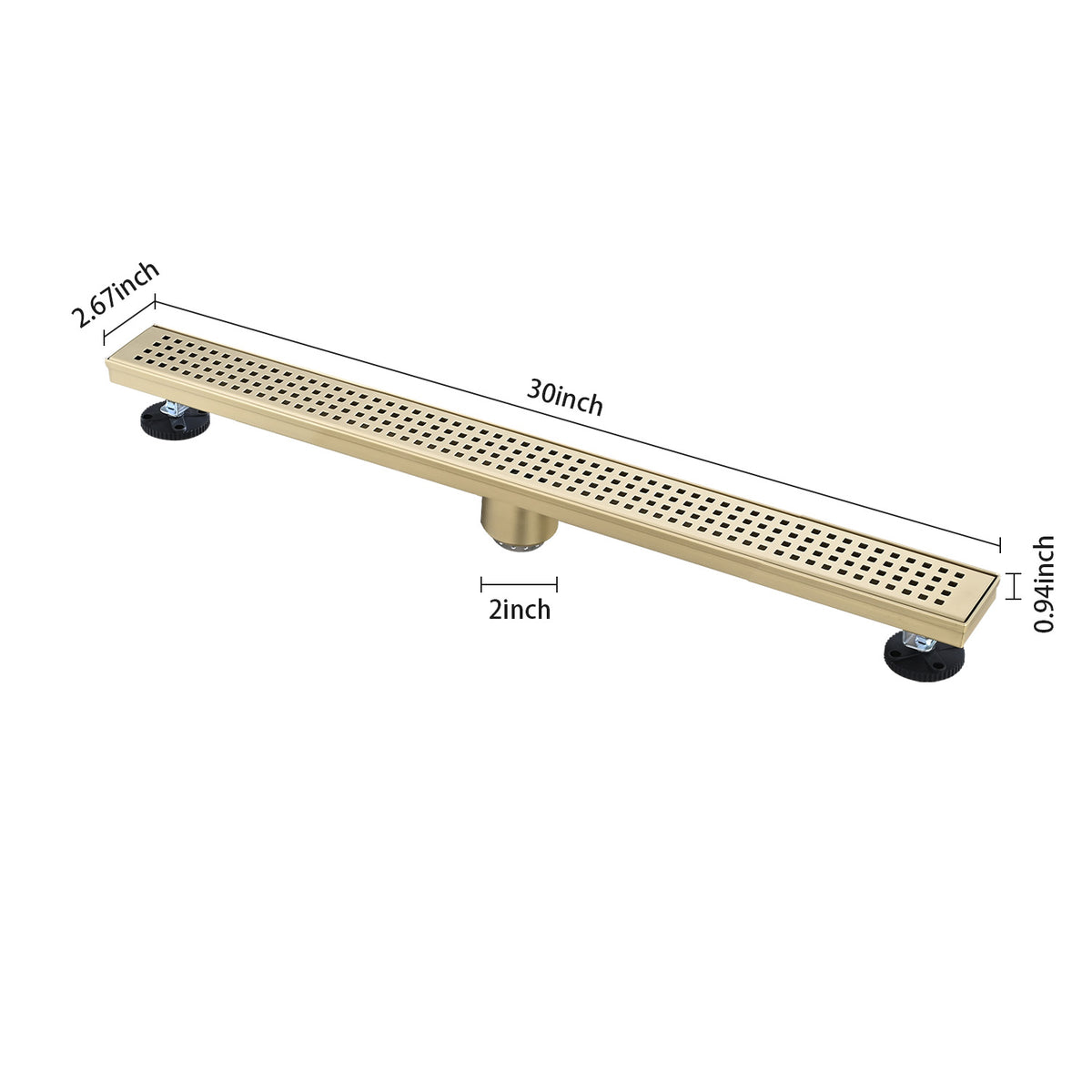 Linear Shower Drain with Removable Patterned Grate Cover Hair Strainer and Leveling Feet