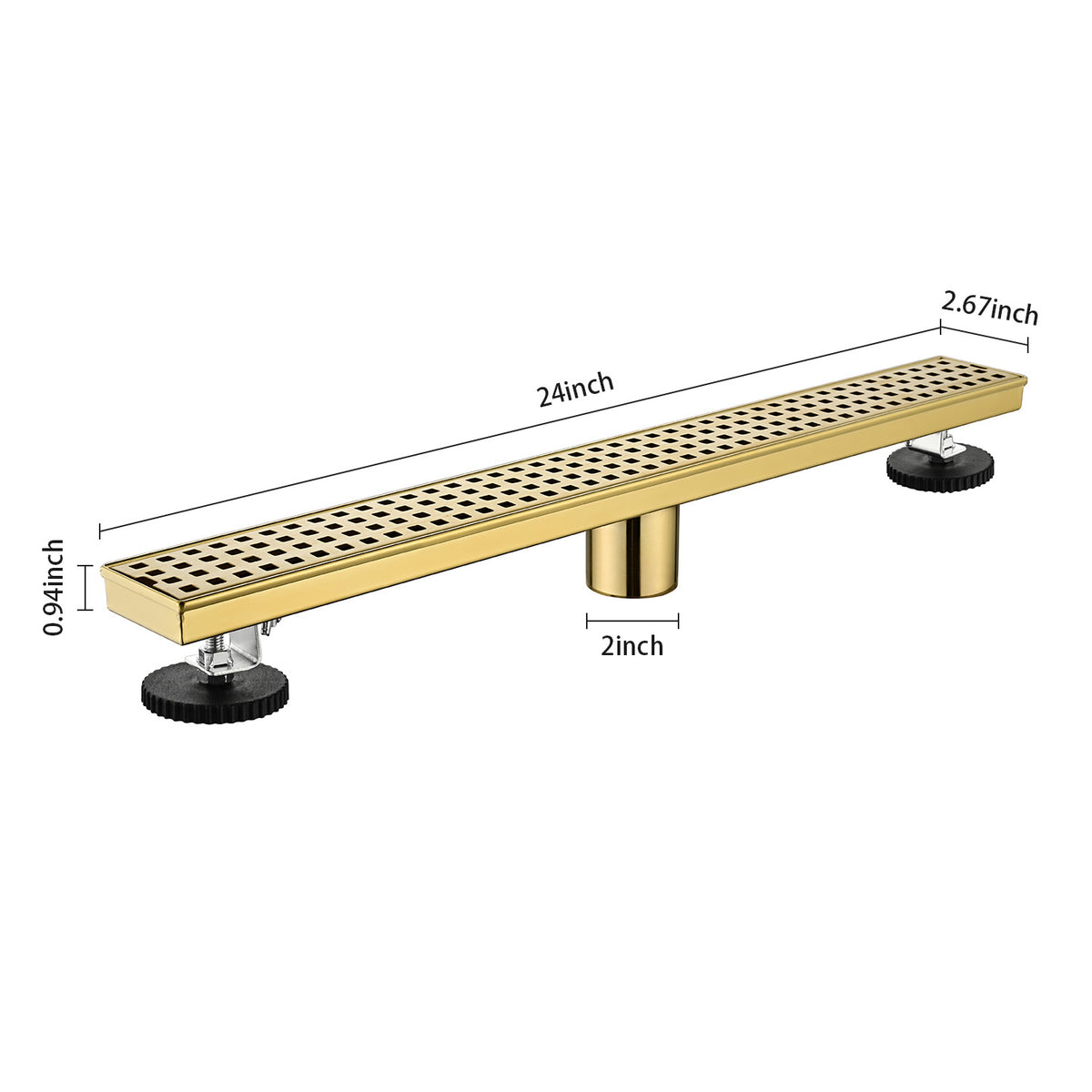 Linear Shower Drain with Removable Patterned Grate Cover Hair Strainer and Leveling Feet