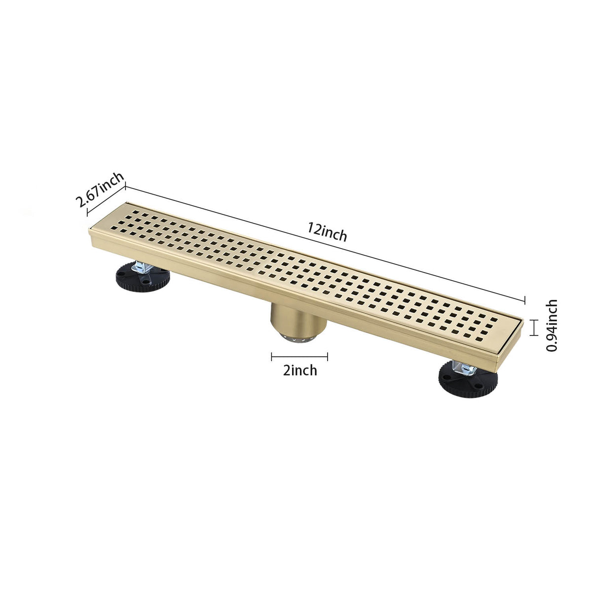 Linear Shower Drain with Removable Patterned Grate Cover Hair Strainer and Leveling Feet