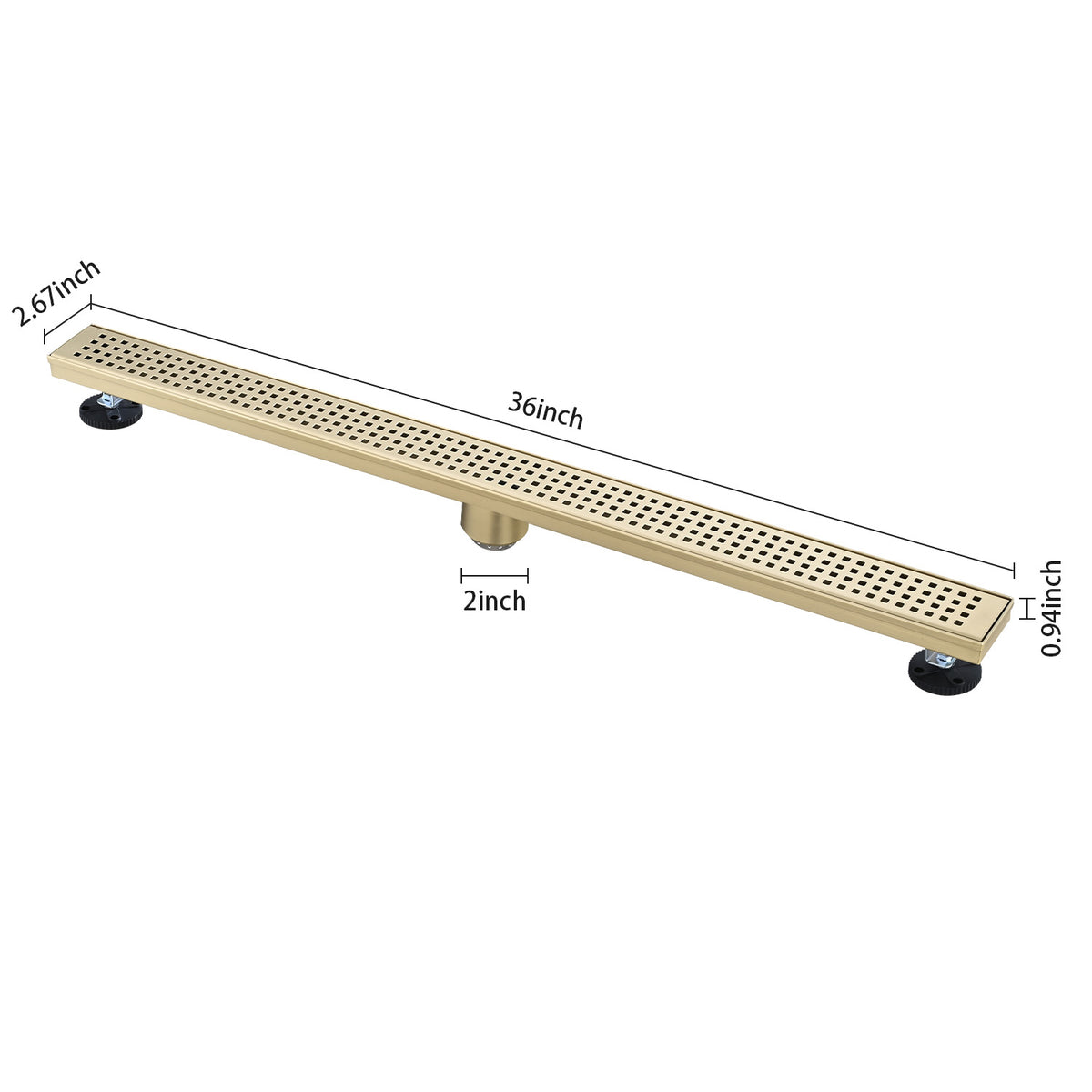 Linear Shower Drain with Removable Patterned Grate Cover Hair Strainer and Leveling Feet