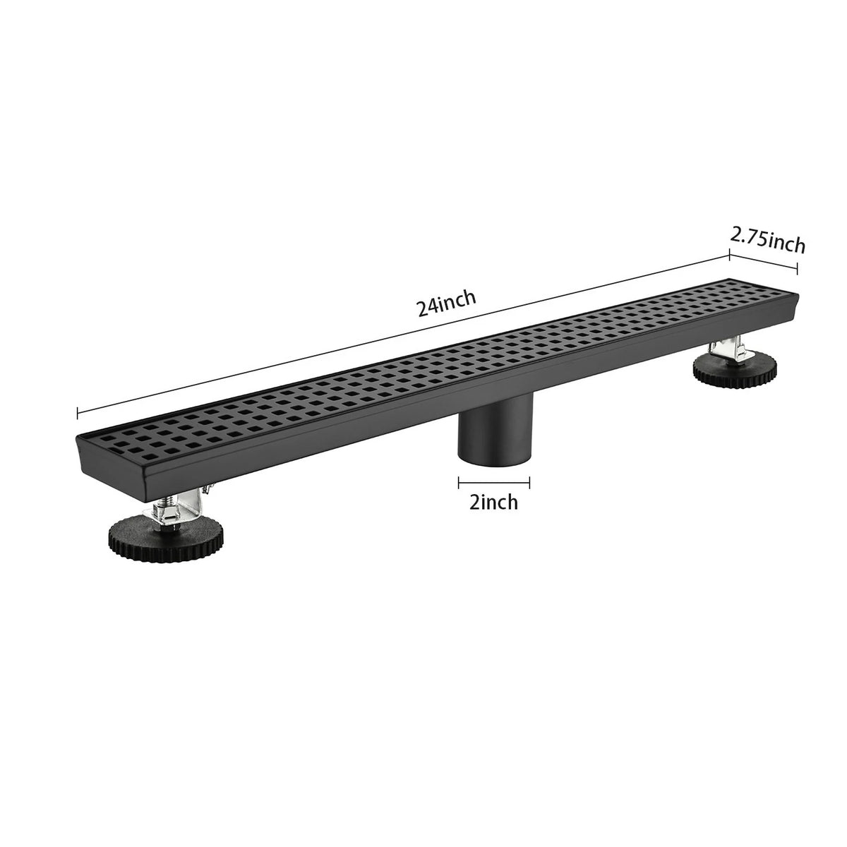 Linear Shower Drain with Removable Patterned Grate Cover Hair Strainer and Leveling Feet