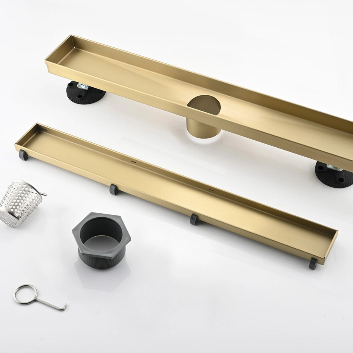 Linear Shower Drain with Reversible Tile Insert Cover Hair Strainer and Leveling Feet