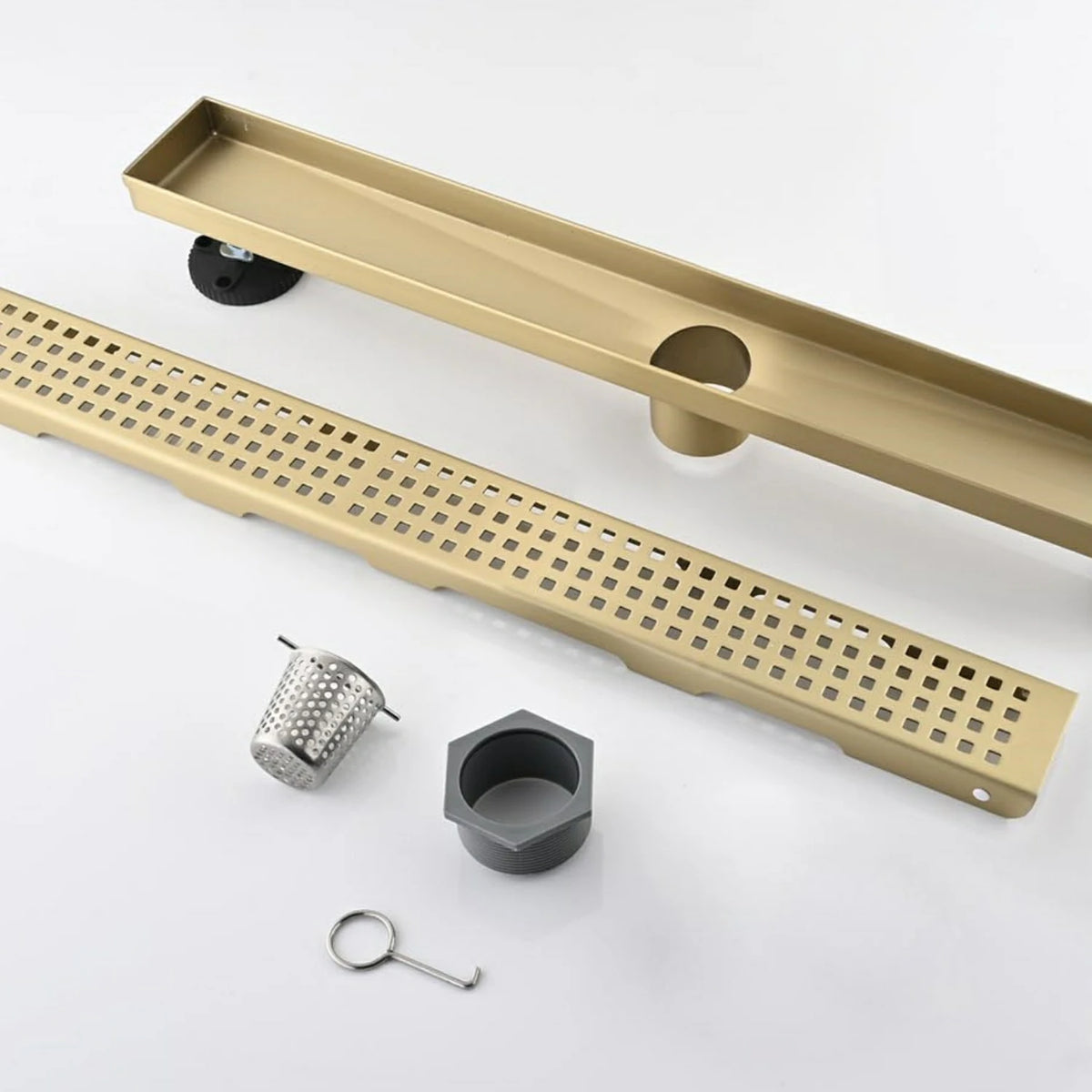 Linear Shower Drain with Removable Patterned Grate Cover Hair Strainer and Leveling Feet
