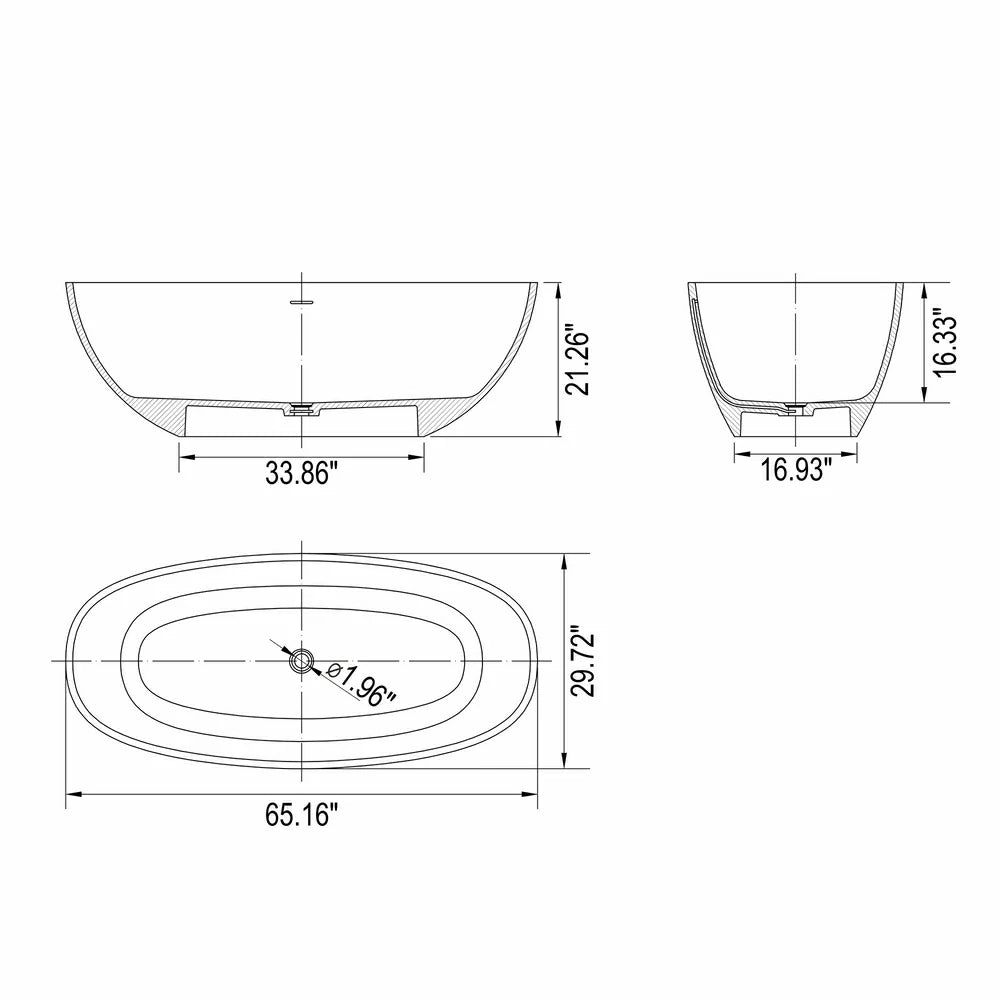 65.2" Matte Gray Solid Surface Freestanding Soaking Bathtub