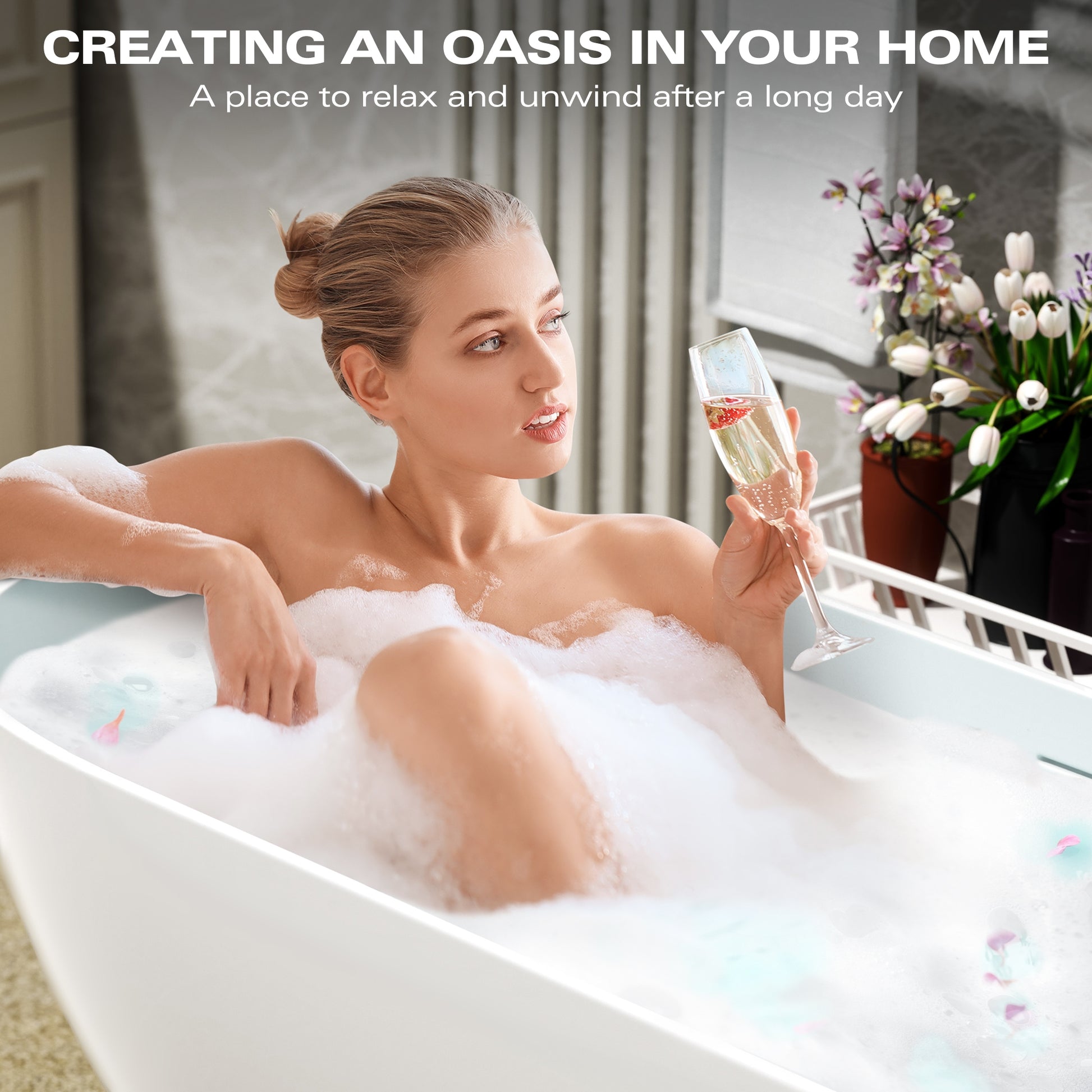 59"/63"/69" Modern Stone Resin Freestanding Soaking Tub with Spa-Level Comfort