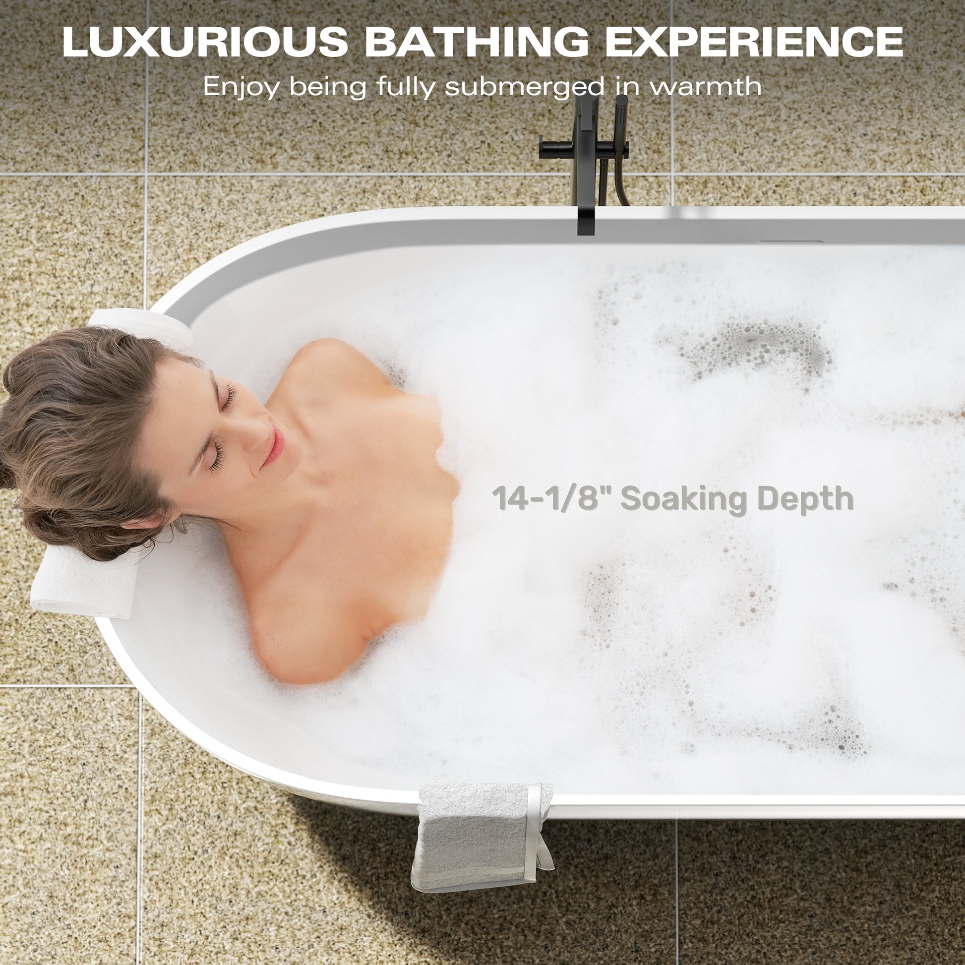 59" Freestanding Stone Resin Soaking Tub with Overflow & Pop-Up Drain