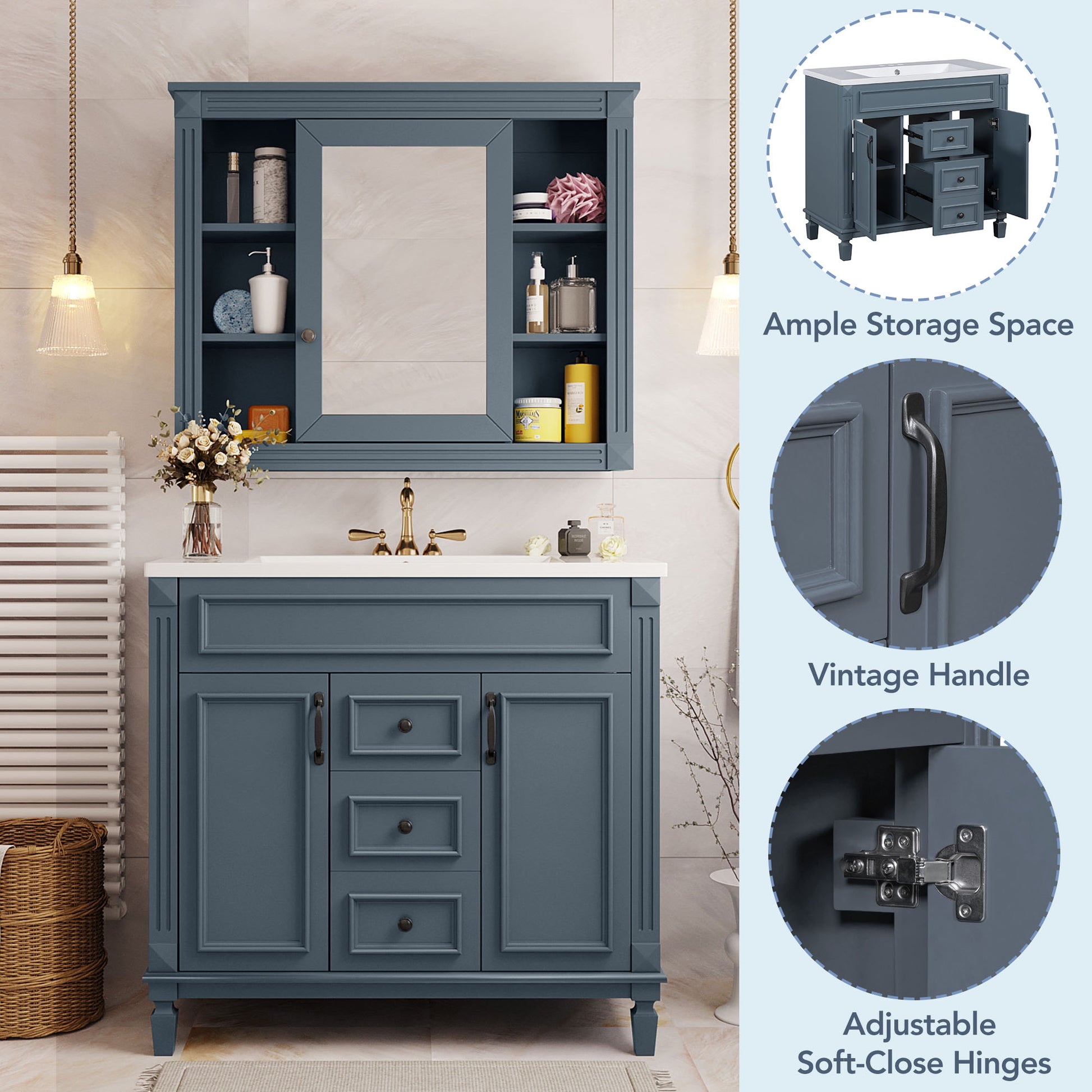 36'' Single Sink Freestanding Bathroom Vanity with 2 Soft Closing Doors and 2 Drawers