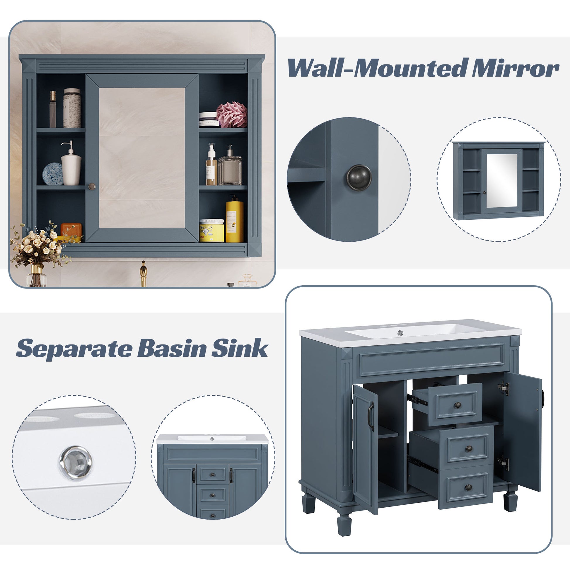 36'' Single Sink Freestanding Bathroom Vanity with 2 Soft Closing Doors and 2 Drawers