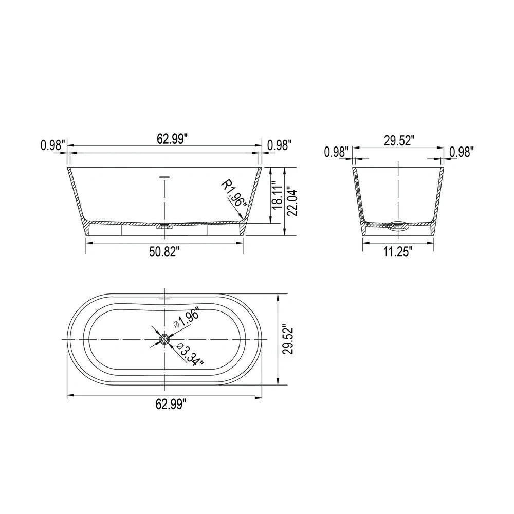 55"/ 59"/63"/65"/71" Matt White Solid Surface Freestanding Soaking Bathtub for Bathroom