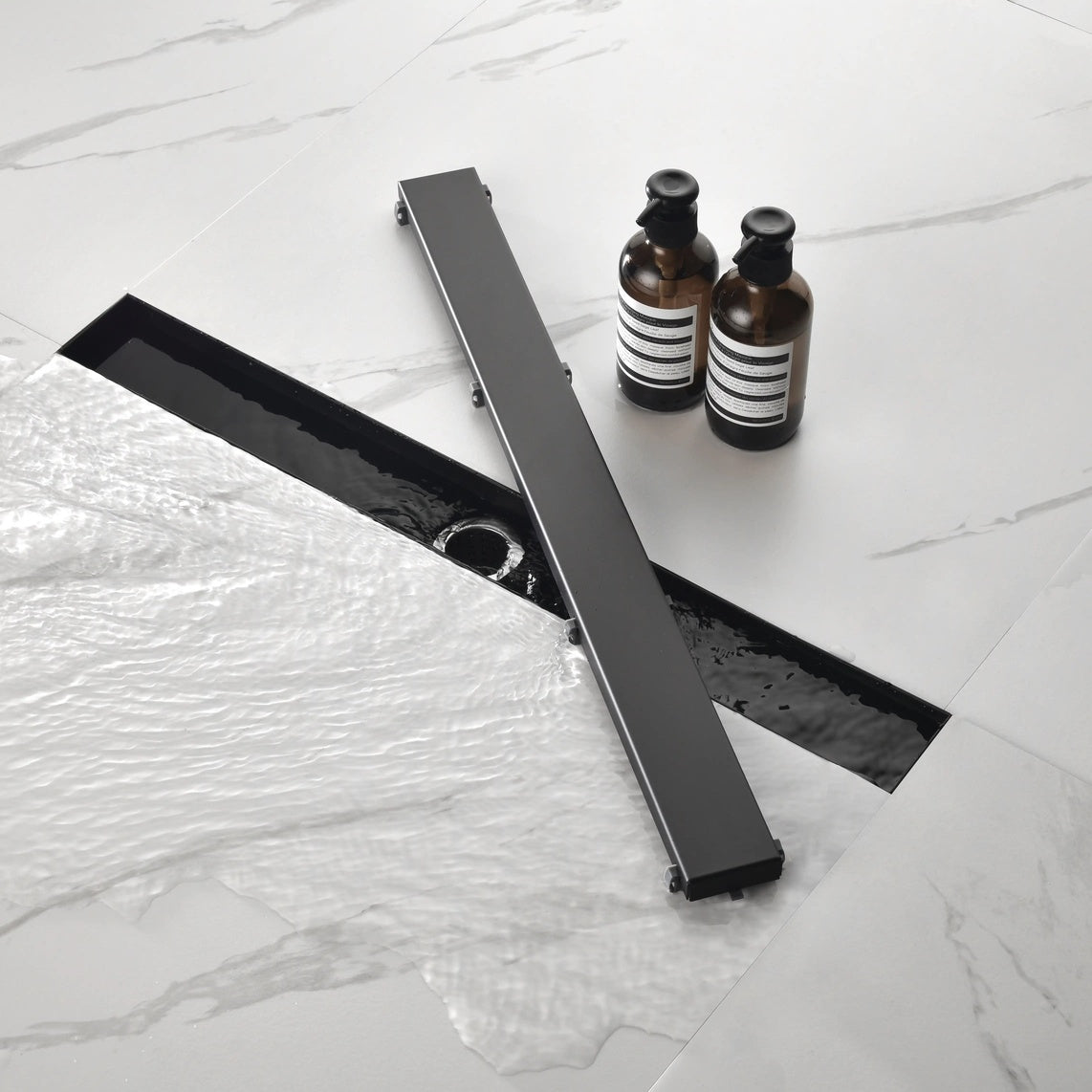 304 Stainless Steel Linear Shower Drain with Removable Cover Hair Strainer Leveling Feet and Flange