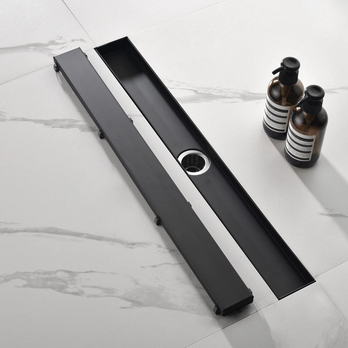 304 Stainless Steel Linear Shower Drain with Removable Cover Hair Strainer Leveling Feet and Flange