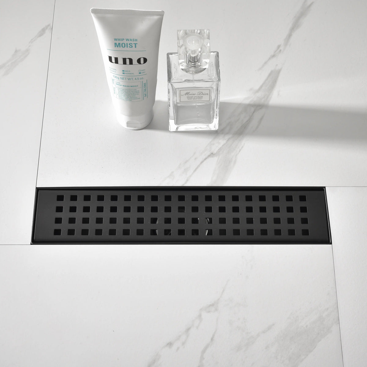 12-Inch Linear Shower Drain with Quadrato Pattern Grate in 304 Stainless Steel