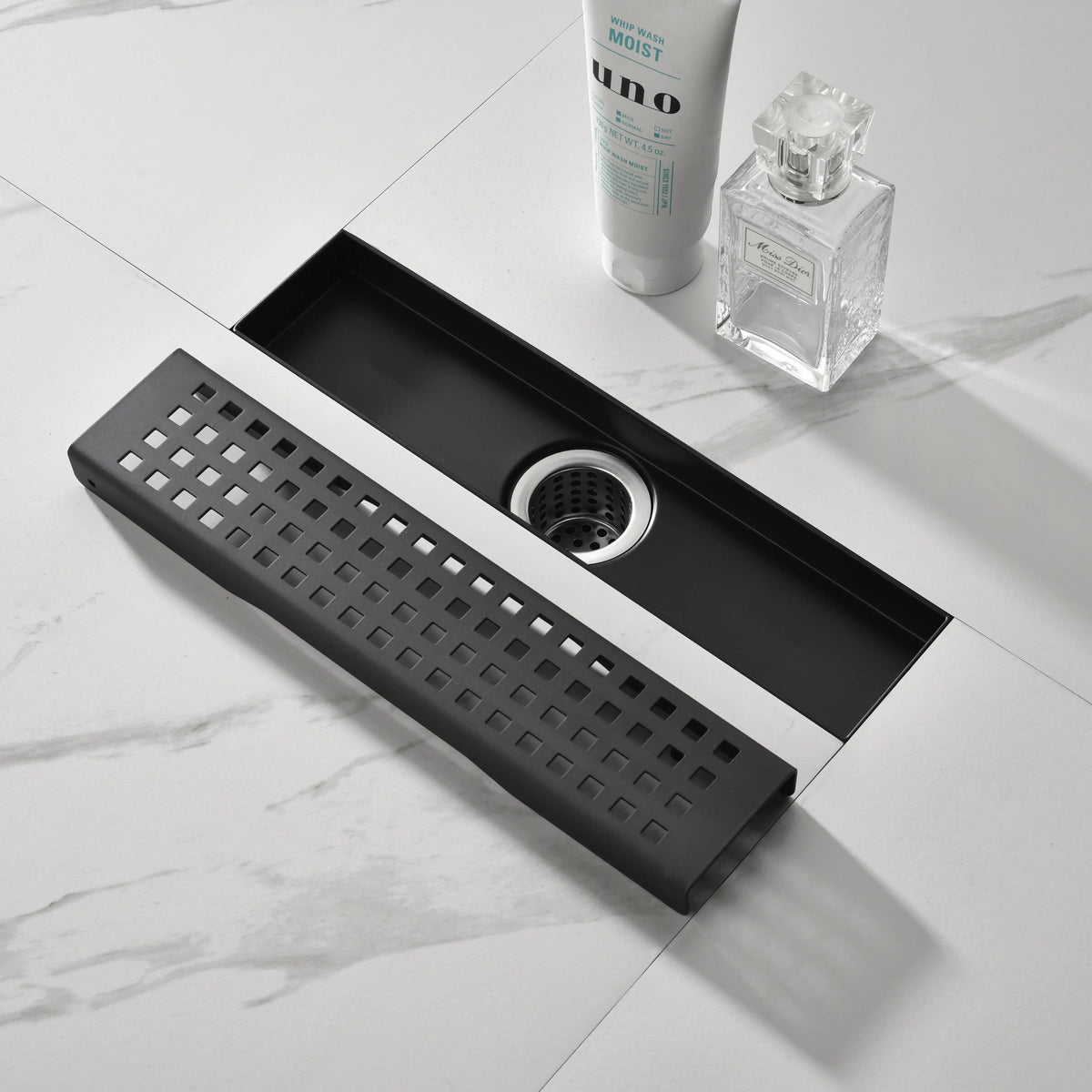 12-Inch Linear Shower Drain with Quadrato Pattern Grate in 304 Stainless Steel