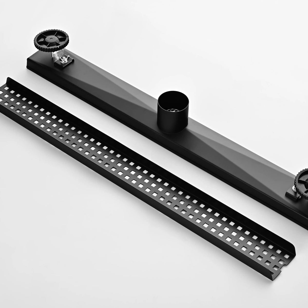 24 Inch Linear Shower Drain in 304 Stainless Steel with Removable Patterned Grate Hair Strainer and Leveling Feet