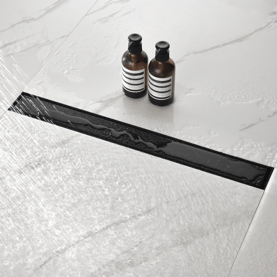 304 Stainless Steel Linear Shower Drain with Removable Cover Hair Strainer Leveling Feet and Flange