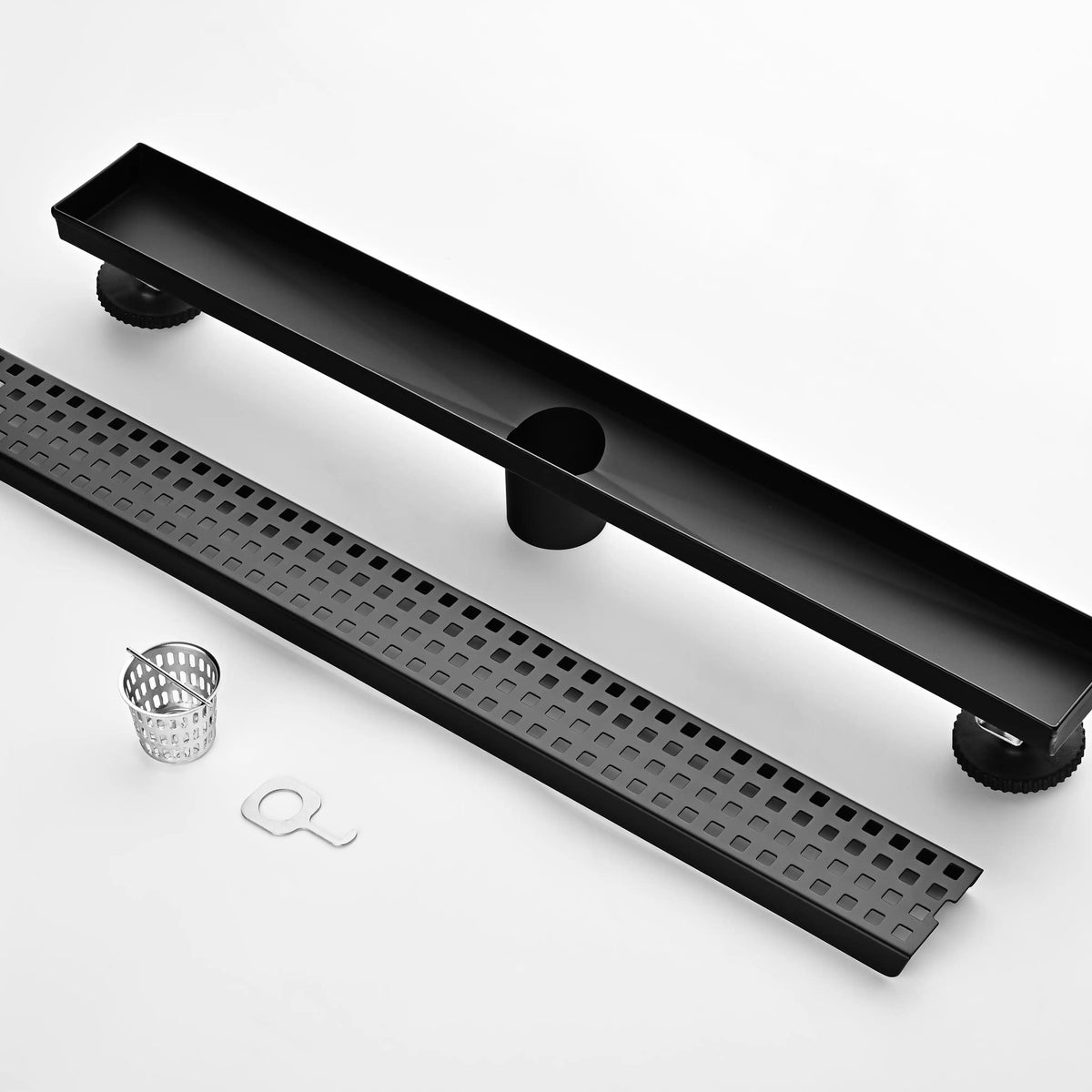 24 Inch Linear Shower Drain in 304 Stainless Steel with Removable Patterned Grate Hair Strainer and Leveling Feet