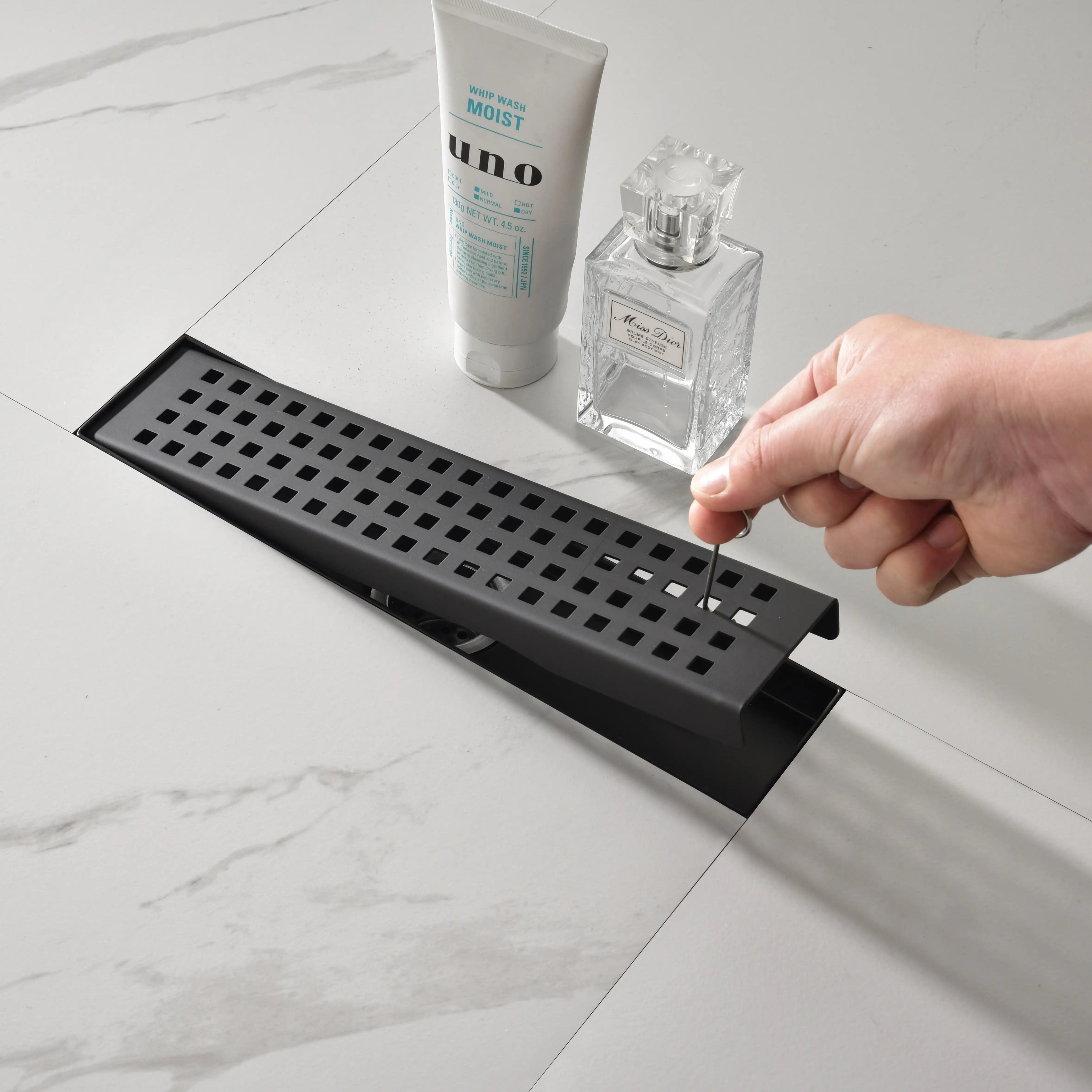 12-Inch Linear Shower Drain with Quadrato Pattern Grate in 304 Stainless Steel
