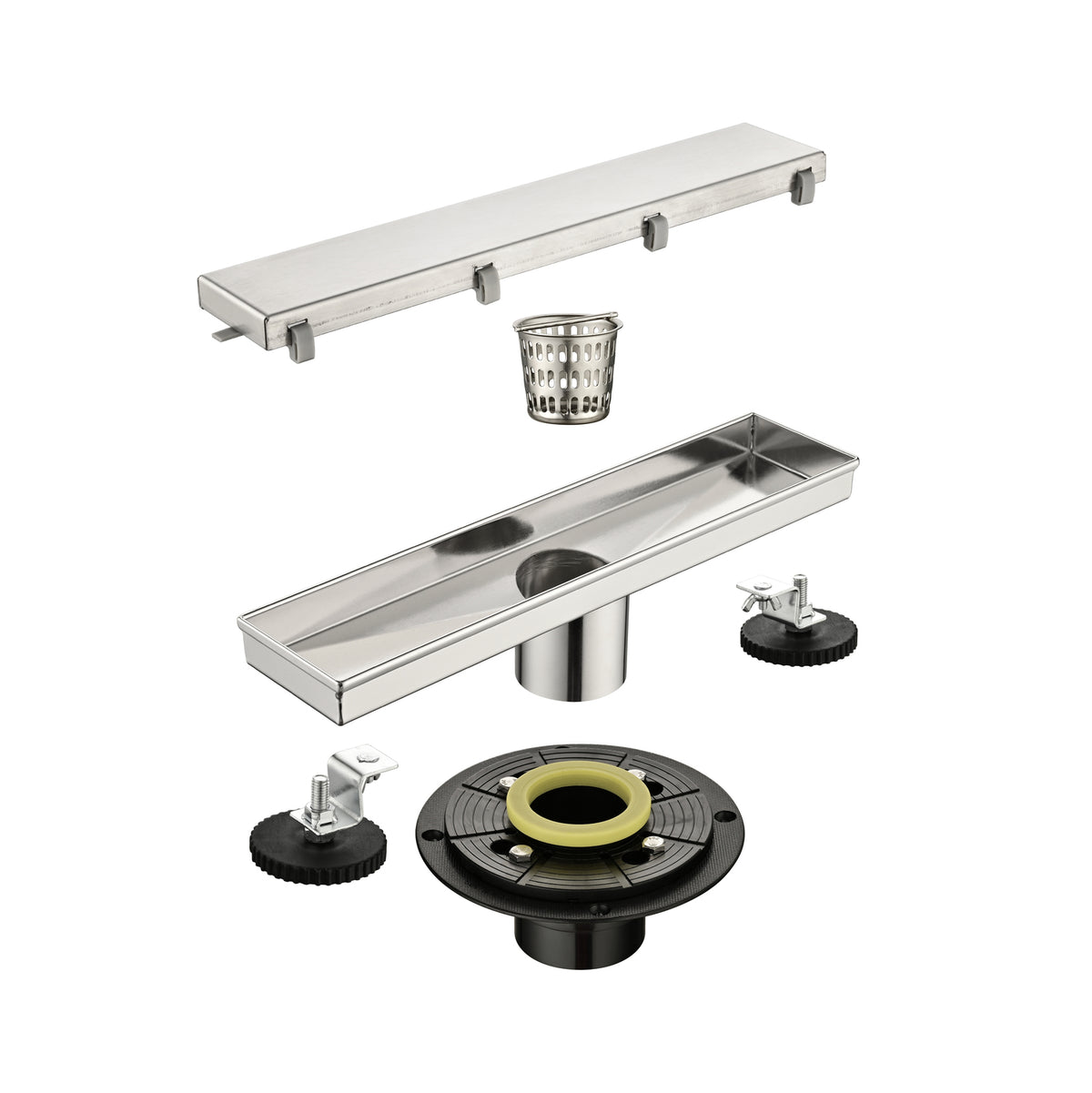 12 Inch Linear Shower Drain with Hair Strainer Leveling Feet and Flange
