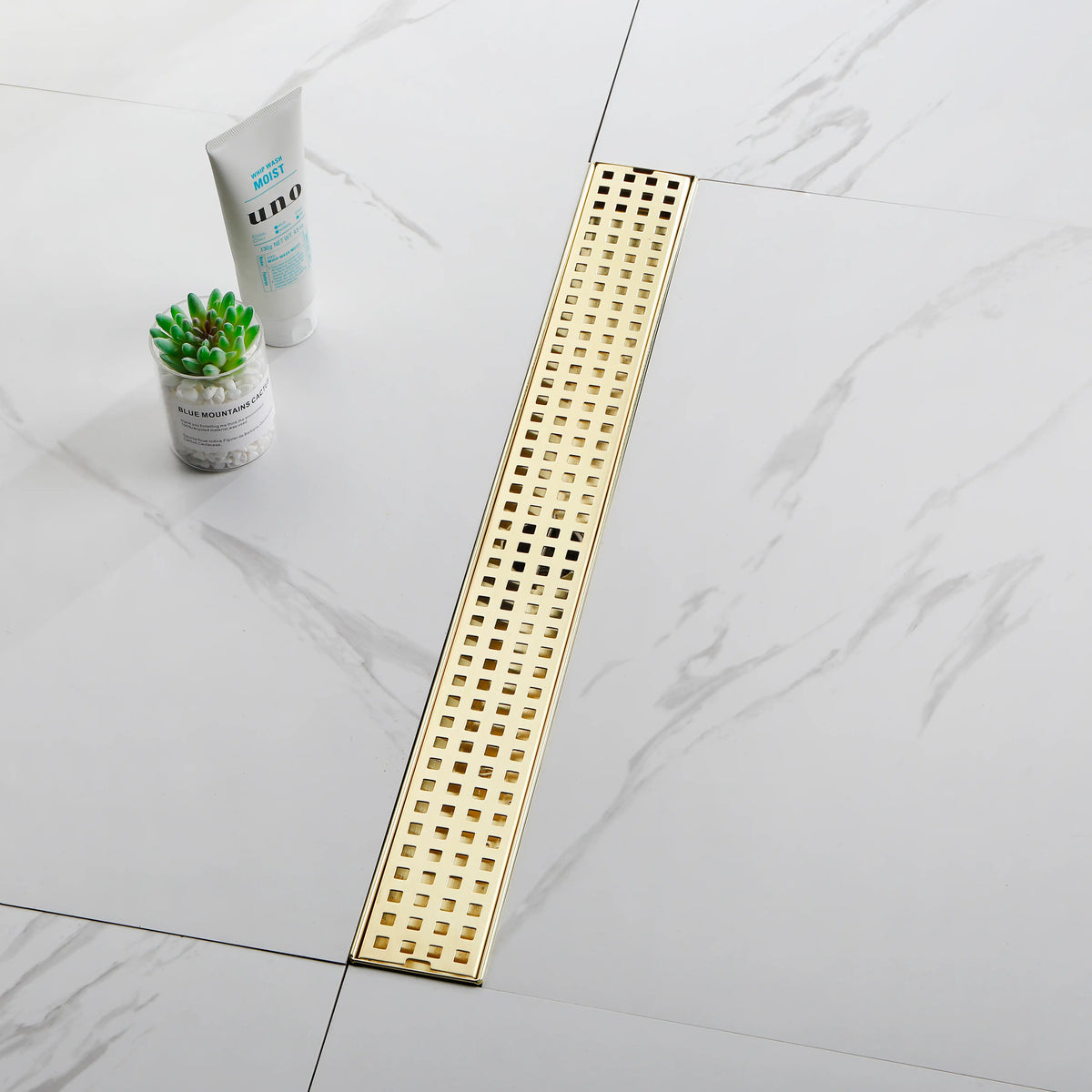 24 Inch Linear Shower Drain in 304 Stainless Steel with Removable Patterned Grate Hair Strainer and Leveling Feet